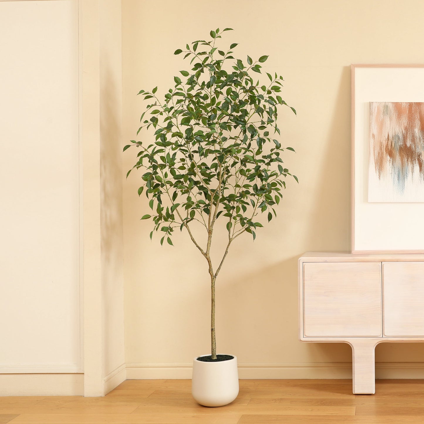 DR.Planzen 7ft Fake Ficus Tree with Oval White Planter, Pre Potted Faux Greenry Plant for Home Decor Office House Living Room Indoor Outdoor, Big Fake Plants Fake House Plants