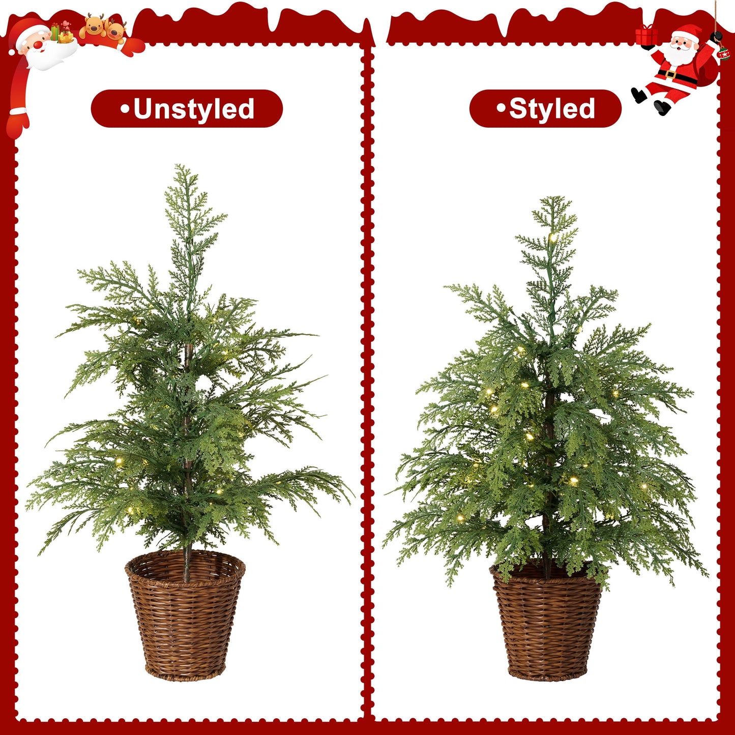 DR.Planzen 24" Pre-Lit Green Cypress Artificial Christmas Tree with 30 Warm White LED Lights, Mini Tabletop Xmas Tree in Woven Basket Base, Indoor Holiday Decoration