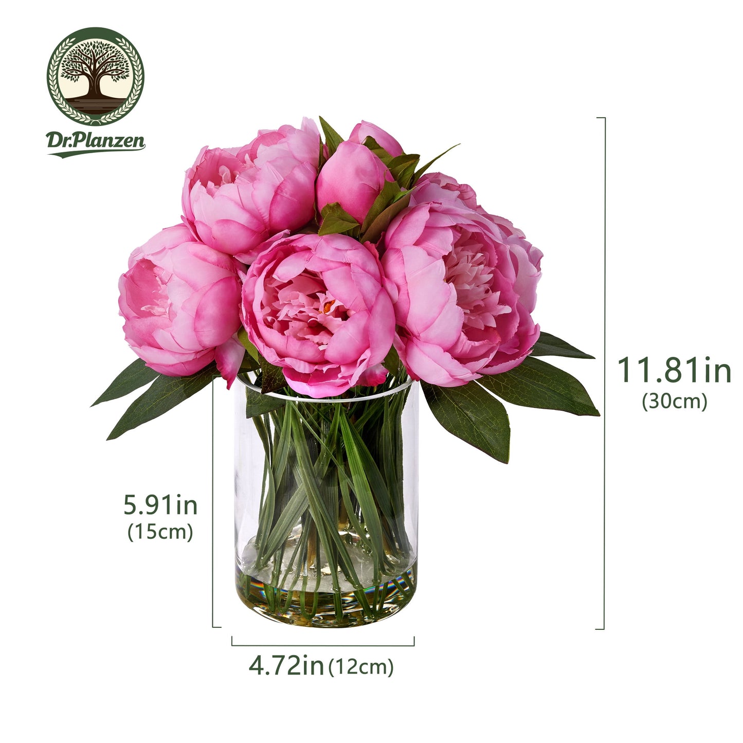DR.Planzen Peach-Red Artificial Peony Plant in Vase, 9 Bloom & 82 Leaves Silk Flower Arrangement with Faux Water, 12¡± Home Office Table Decor