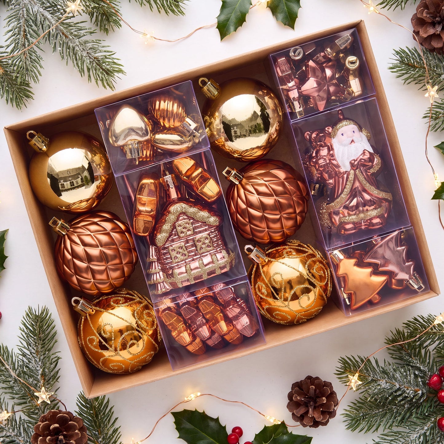 DR.Planzen 44ct Brown Gold & White Christmas Ornaments Set, Assorted 2.36" & 1.18" Embossed Glazed Holiday Balls with Trees & Hearts, Indoor Rustic Decor