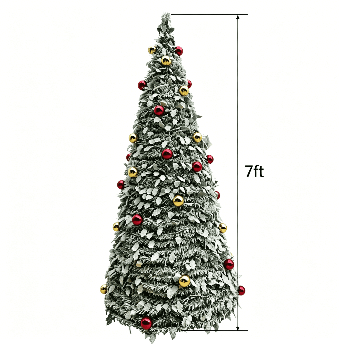 7 ft Flocked Christmas Tree with Lights - Artificial Christmas Tree, Foldable Snow Christmas Tree, Prelit Xmas Tree with Ornaments and Plastic Stand for Indoor Holiday Decorations