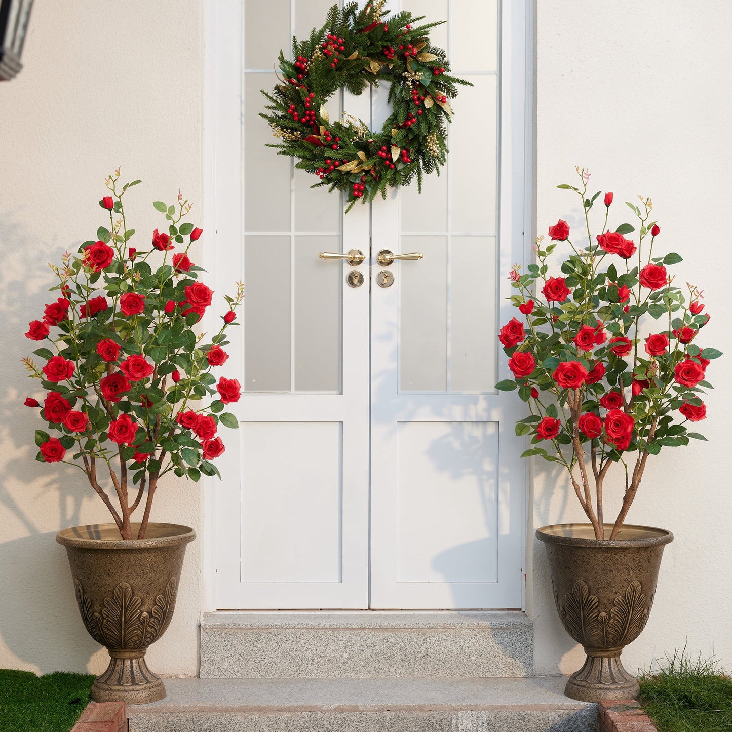 DR.Planzen 4ft Artificial Red Rose Tree with Green Leaves, Lifelike Faux Rose Flower Tree for Home Decor Indoor Outdoor, Living Room Office Decoration