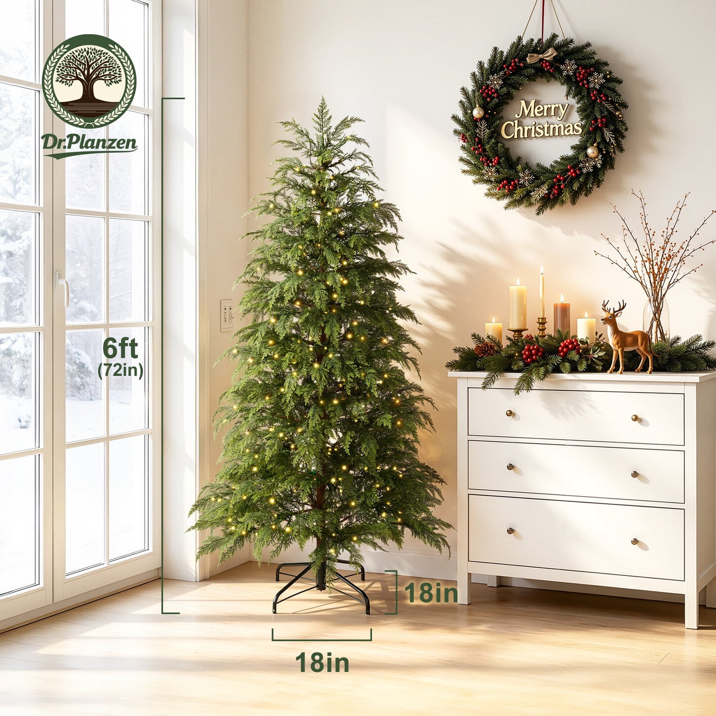 DR.Planzen 6' Pre-Lit Green Cypress Artificial Christmas Tree with 350 Warm White Twinkle LED Lights, Full-Bodied Xmas Tree with Metal Stand, Indoor Holiday Decoration