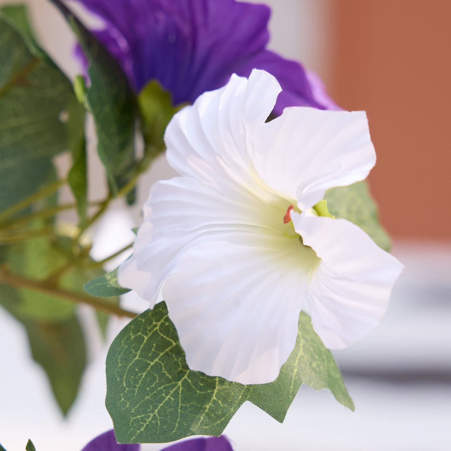 2 Pack 28in Artificial Morning Glory Flowers Faux Flowers Potted Plants Porch Decor - 81 Purple White Blooms in Black Urn Planter - Indoor Covered Porch Decor for Entryway Patio Home Office