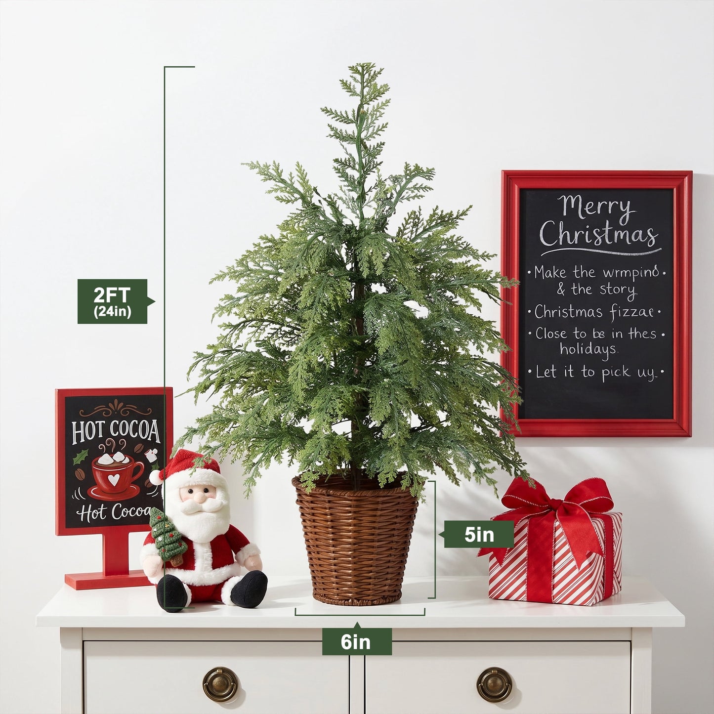 DR.Planzen 24" Pre-Lit Green Cypress Artificial Christmas Tree with 30 Warm White LED Lights, Mini Tabletop Xmas Tree in Woven Basket Base, Indoor Holiday Decoration