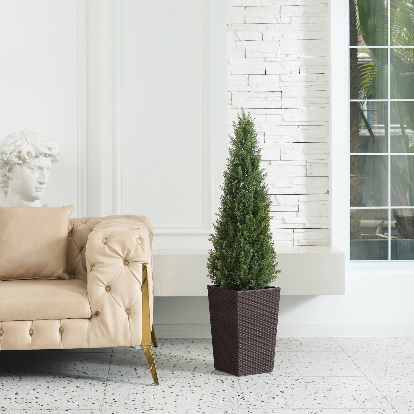 DR.Planzen 4ft Artificial Cedar Topiary Tree with Brown Planter - UV Resistant Faux Cypress Tree for Porch Decor Fake Pine Tree for Perfect Housewarming Gift