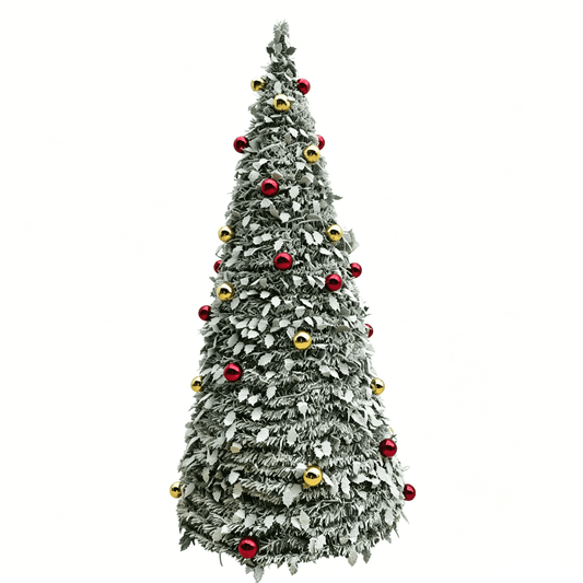7 ft Flocked Christmas Tree with Lights - Artificial Christmas Tree, Foldable Snow Christmas Tree, Prelit Xmas Tree with Ornaments and Plastic Stand for Indoor Holiday Decorations