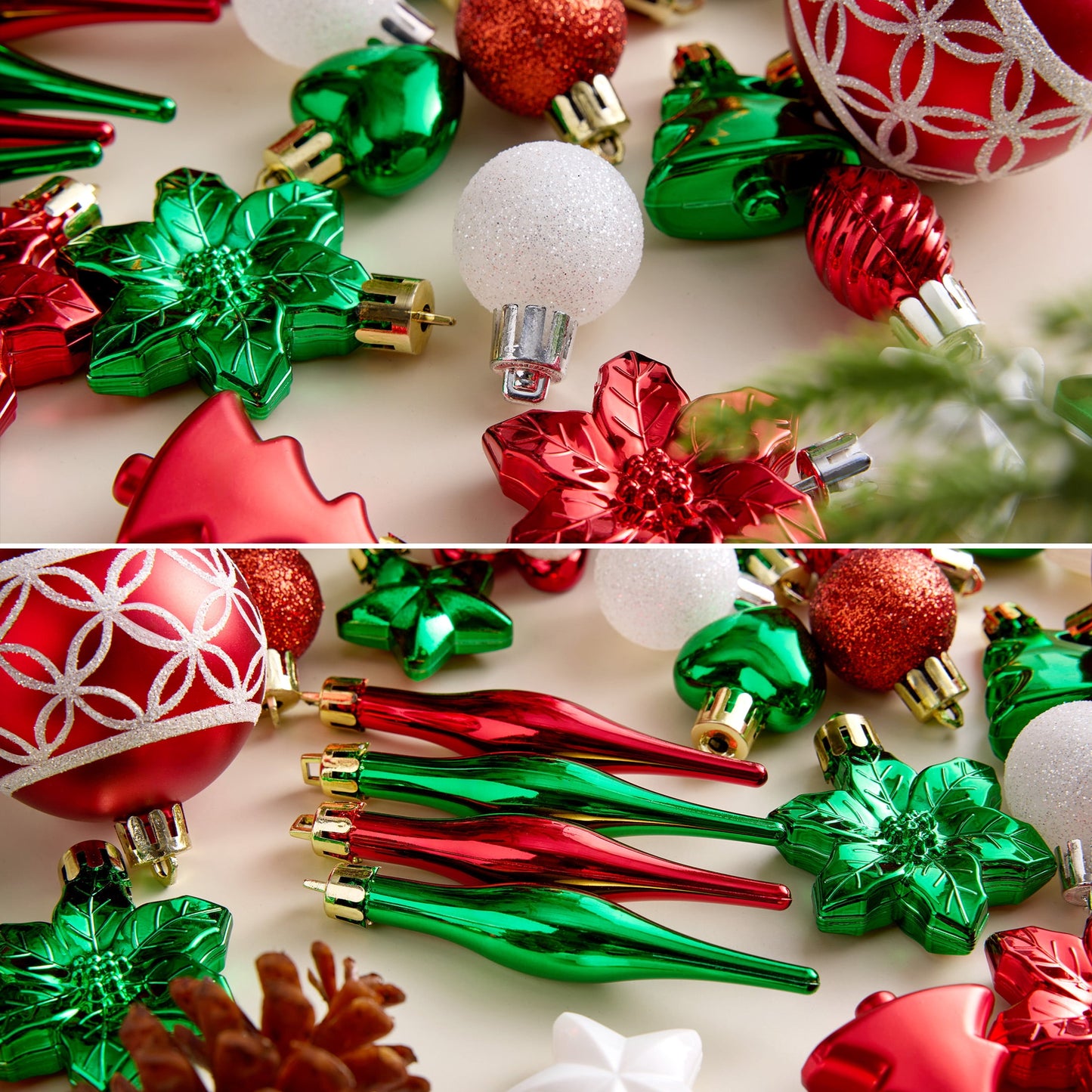 DR.Planzen 44ct Red Green & White Christmas Ornaments Set, Assorted 2.36" & 1.18" Embossed Glazed Holiday Balls with Snowflakes & Houses, Indoor Xmas Decor