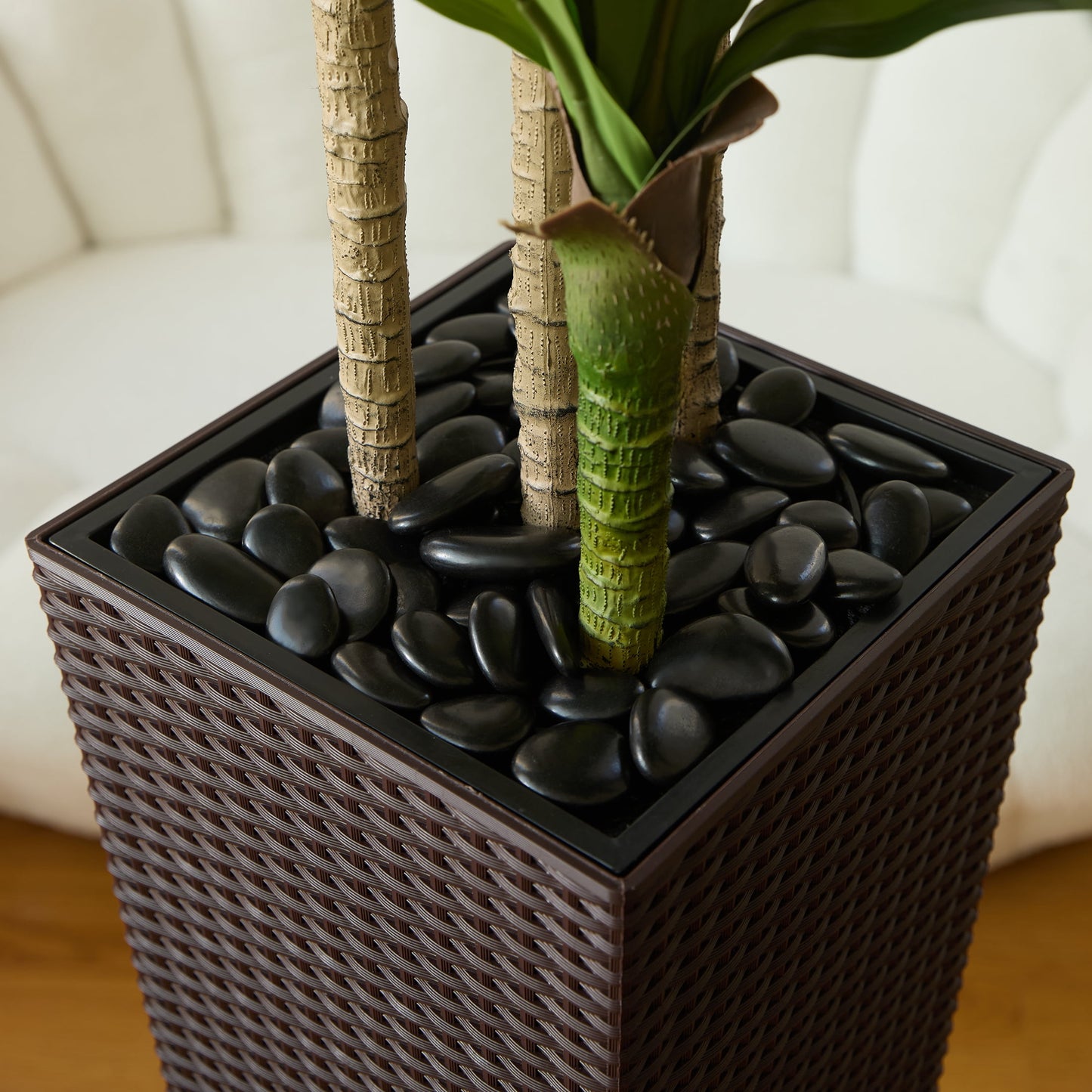 DR.Planzen Artificial Dracaena Tree 5ft - UV Protected Faux Dracaena Plant with 57 Green Leaves, Fake Tree for Indoor & Outdoor Use, Sturdy Tall Black Planter with River Stones