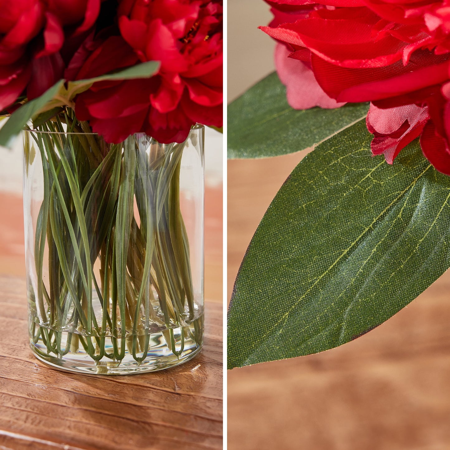 12in Artificial Peonies with Vase Fake Peony Flowers Red Artificial Flower Arrangement ¨C 9 Bloom Realistic Faux Peonies in Glass Vase with Faux Water for Table Centerpiece Wedding Home Office Decor