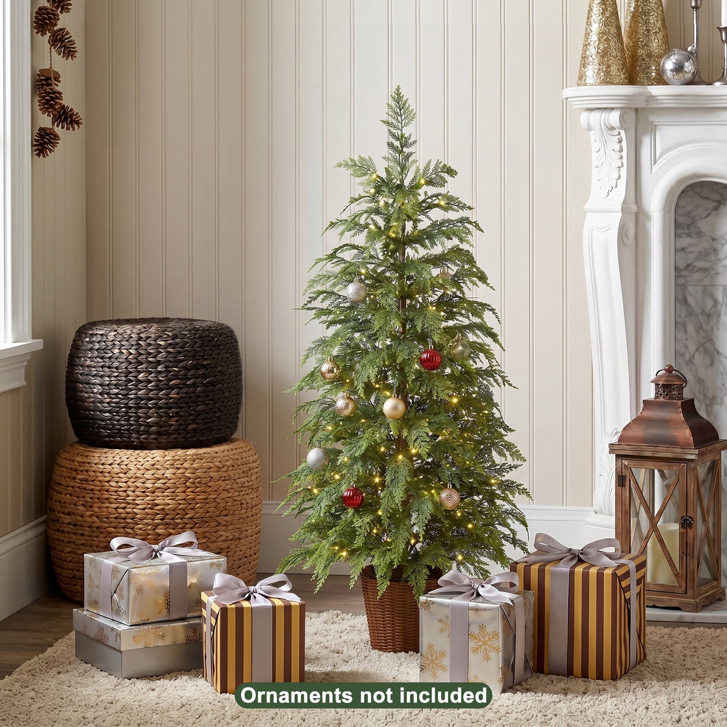 DR.Planzen 4' Pre-Lit Green Cypress Artificial Christmas Potted Tree with 100 Warm White Twinkle LED Lights, Indoor Tabletop Holiday Decoration in Woven Basket Base