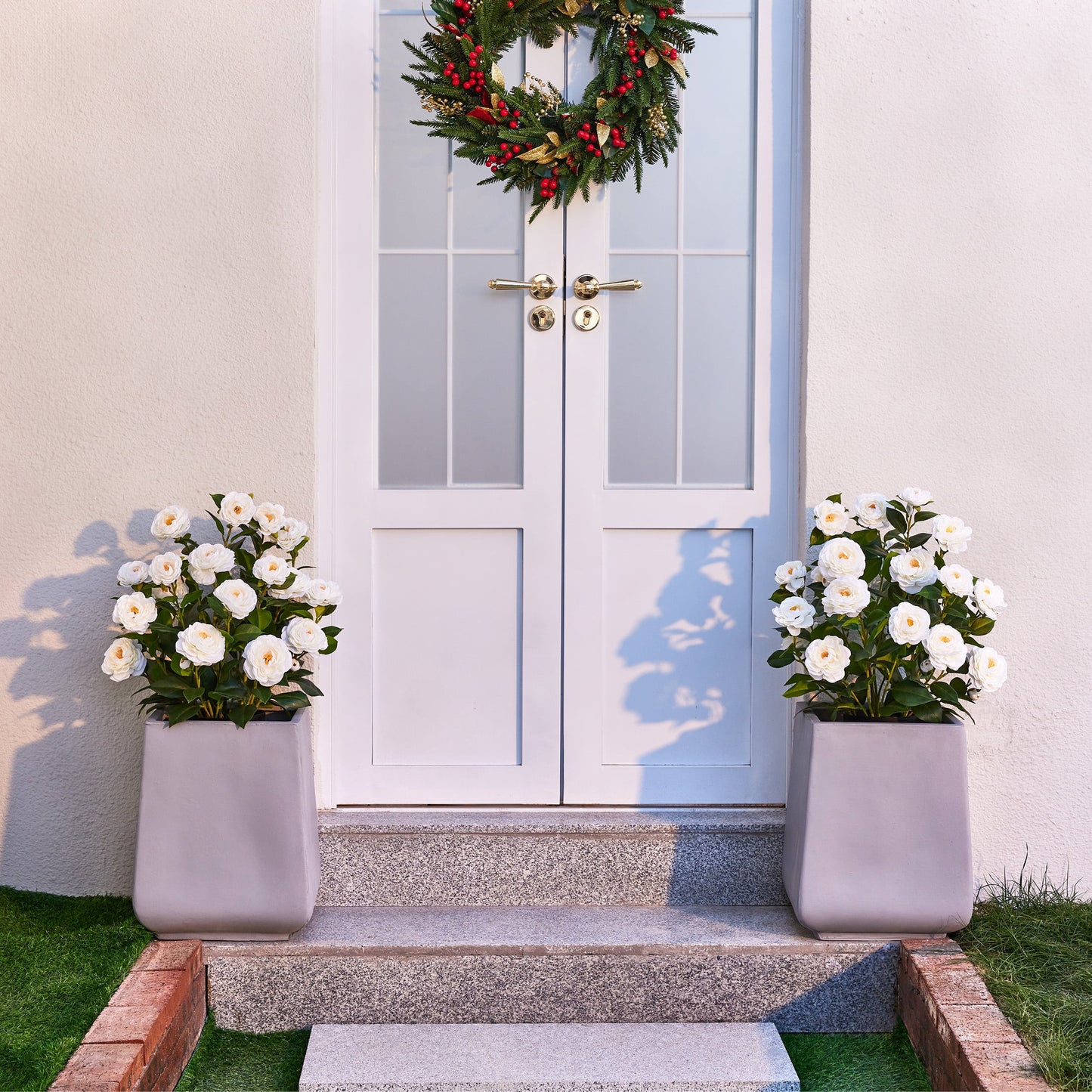 DR.Planzen 2 ft Artificial Camellia Tree, Faux Camellia Plant in Pot, 24in Full White Blooms, 28 flowers & 175 leaves - indoor/outdoor decor for Entryway Front Door Covered Porch Living Room Wedding