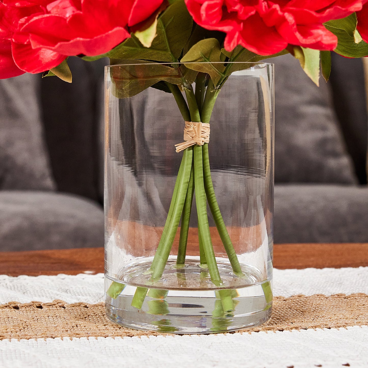 DR.Planzen Artificial Red Peony Bouquet in Cylinder Vase with Faux Water, 6 Stems with 6 Realistic White Peony Blooms, 10.6" Tall Ready-to-Use Home Office Centerpiece Decor