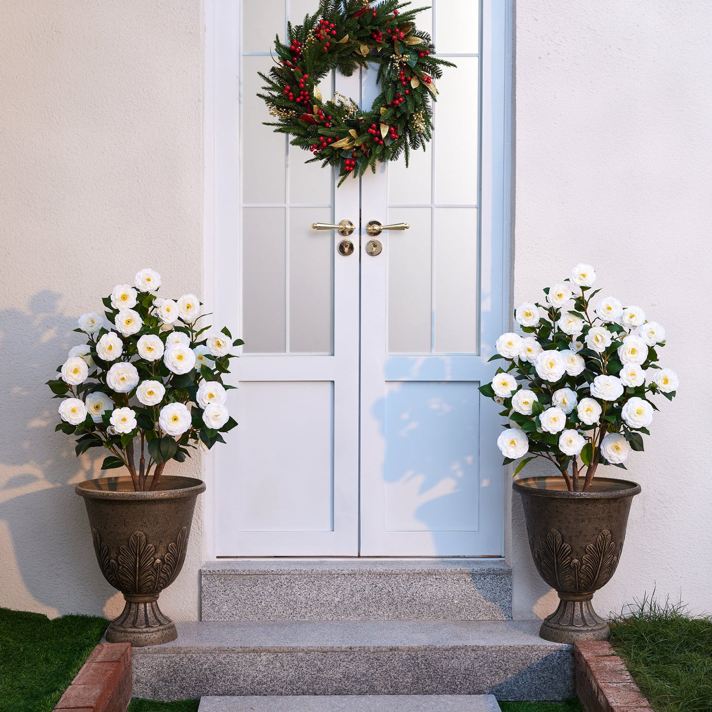 Artificial Camellia Tree 3FT in Pot ¨C 27 Blooming White Flowers & 252 Leaves UV Resistant Faux Camellia Plant for Indoor Outdoor Decor, Front Door Porch Patio Living Room Office