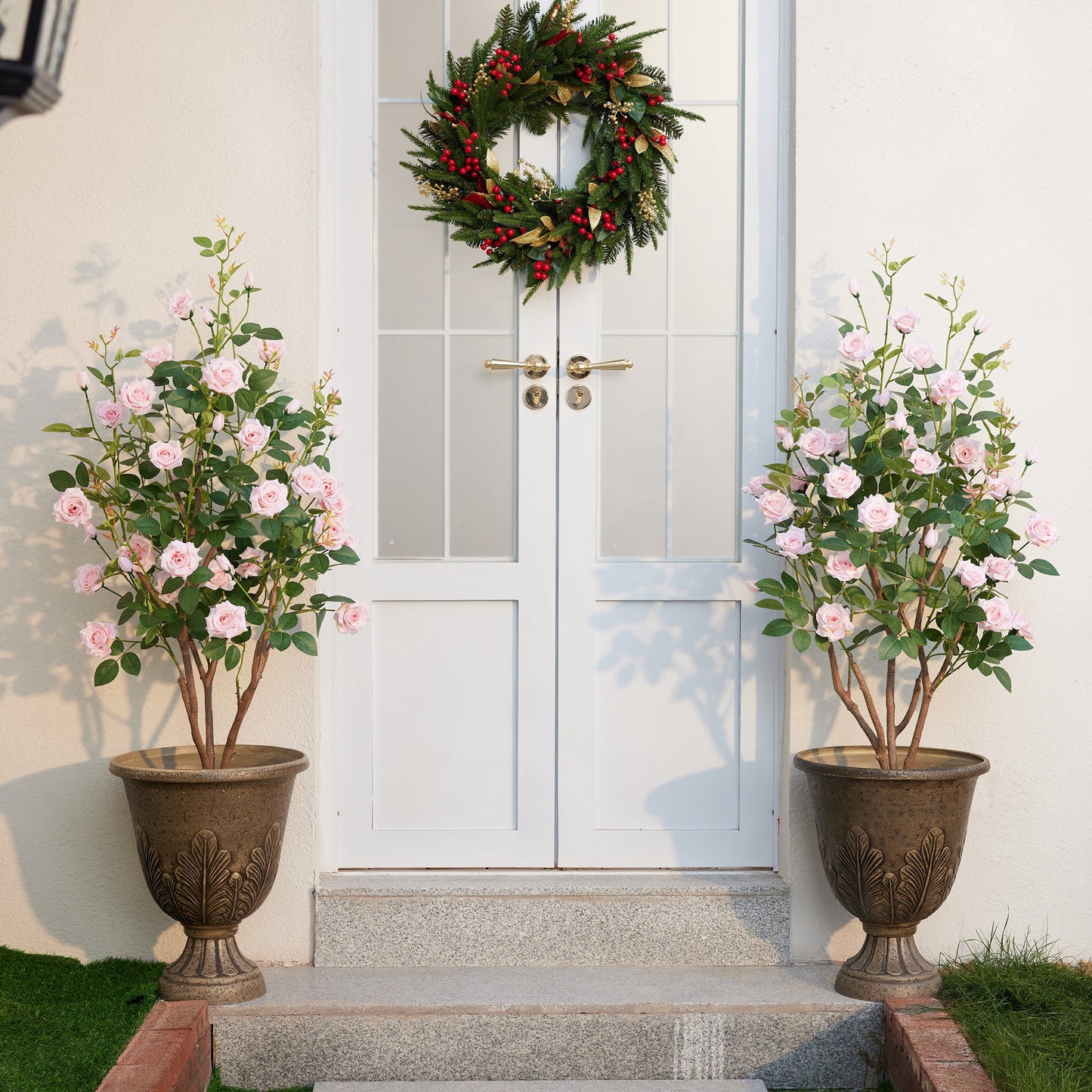 DR.Planzen 4ft Artificial Pink Rose Tree with Green Leaves, Lifelike Faux Rose Flower Tree for Home Decor Indoor Outdoor, Living Room Office Decoration