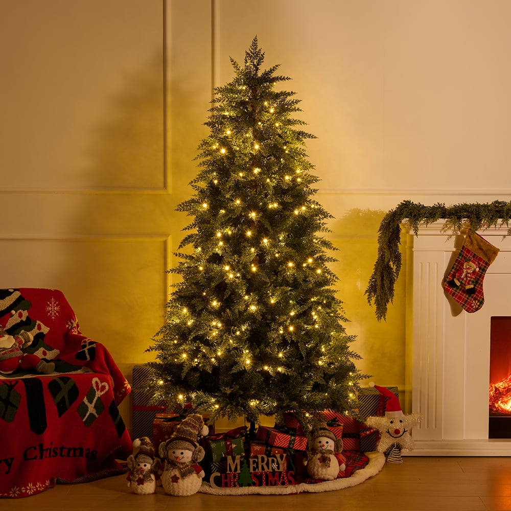 DR.Planzen 4.5FT Pre Lit Cedar Christmas Tree - Realistic PE PVC Branches, 200 Warm White LED Lights, Artificial Christmas Tree with Sturdy Iron Stand for Living Room Holiday Decor