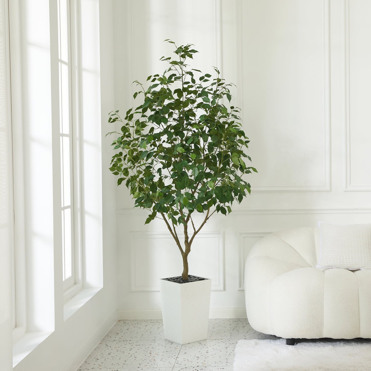 DR.Planzen Artificial Ficus Tree 6ft - UV Protected Faux Ficus Plant with Adjustable Branches and Realistic Green Leaves for Indoor & Outdoor Decor, White Large Planter with River Rocks