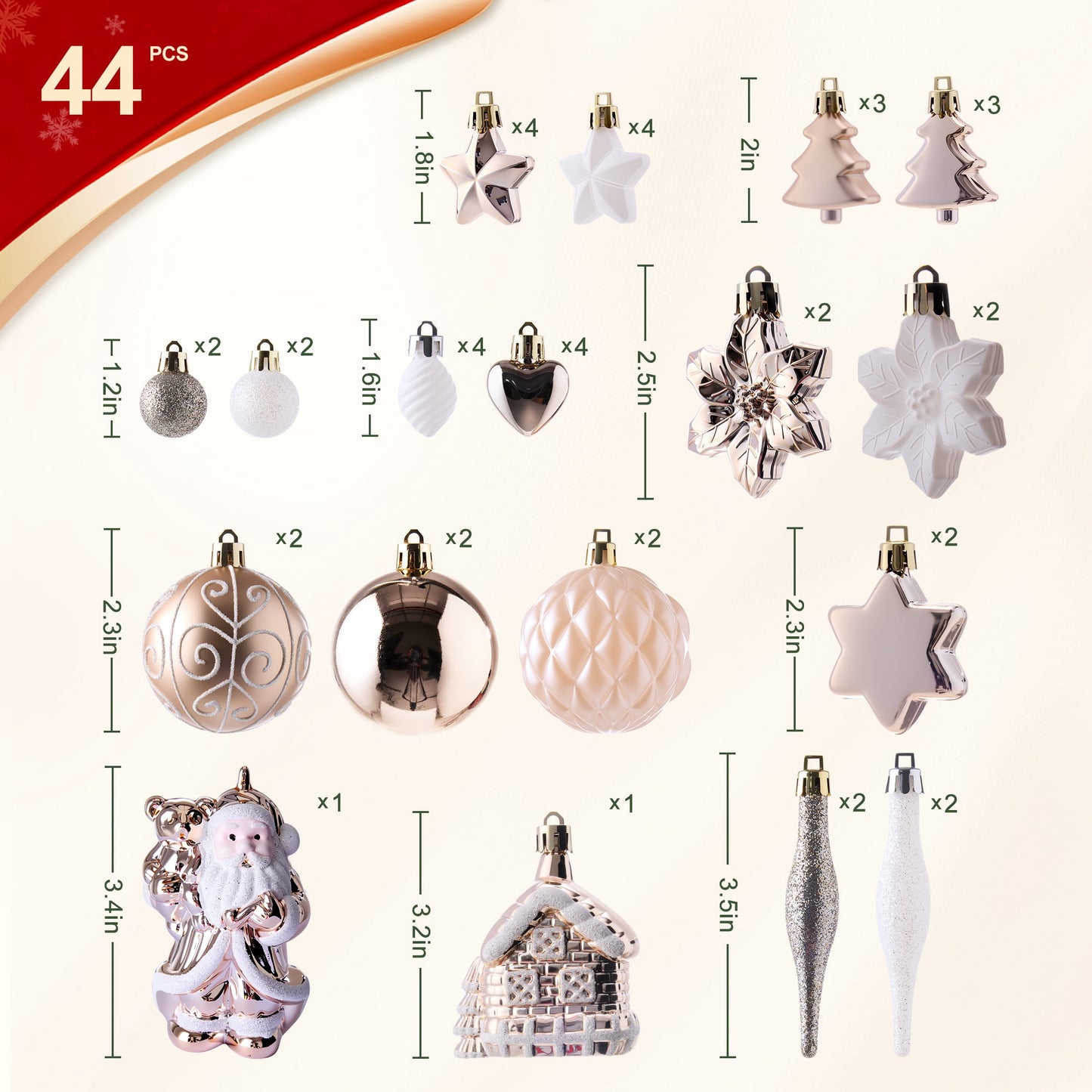 DR.Planzen 44ct Rose Gold & White Christmas Ornaments Set, Assorted 2.36" & 1.18" Embossed Glazed Holiday Balls with Snowflakes & Stars, Trendy Indoor Decor