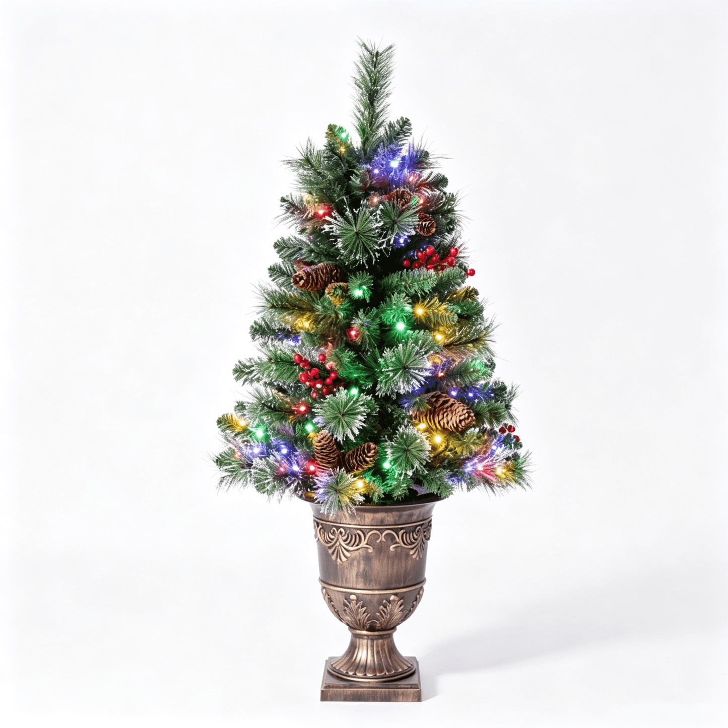 DR.Planzen 4ft Pencil Artificial Christmas Tree with Red Berries, Pine Cones & Flocked Branches, Pre-Decorated Slim Xmas Tree in Decorative Vase, Indoor Tabletop Holiday Decor, 1 Pack