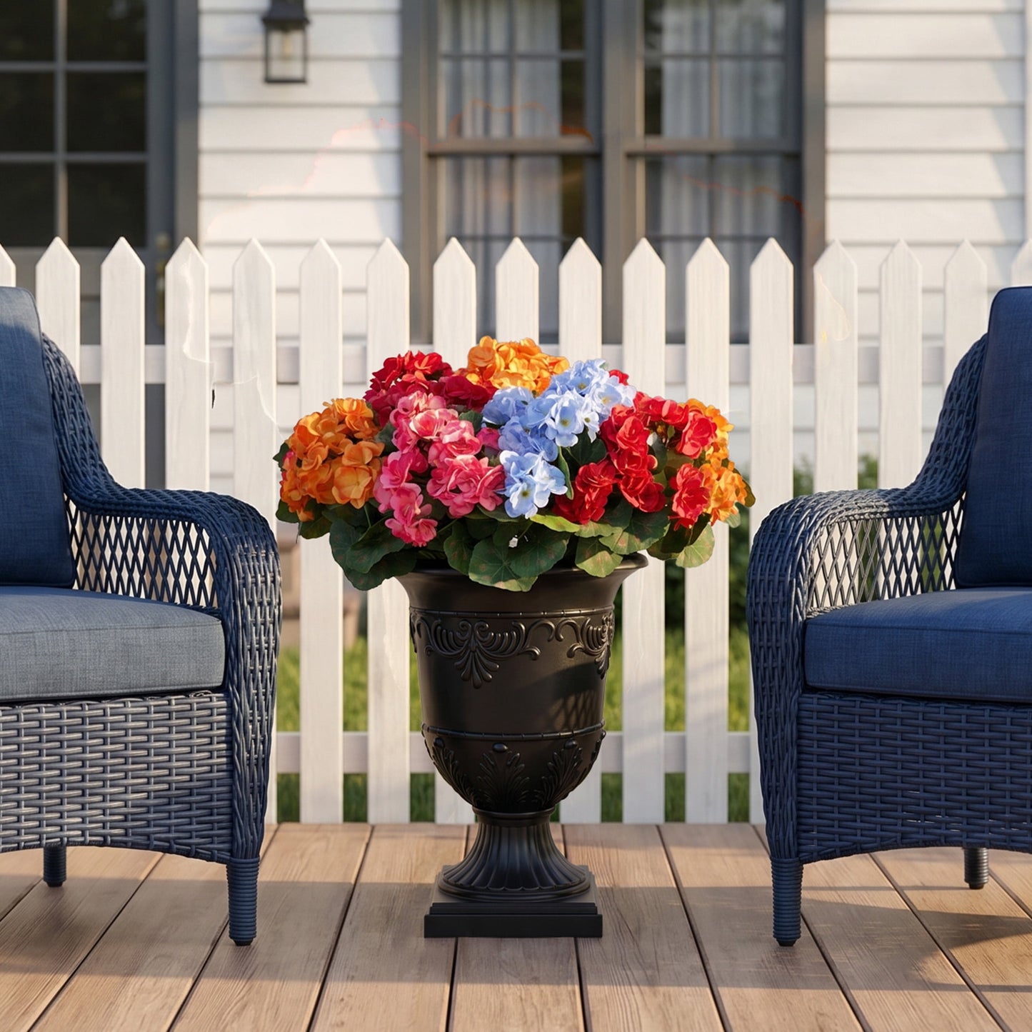 DR.Planzen 2Pack Artificial Geranium in Charming Urn Planter Set, 24.8 Inch Tall Lifelike Faux Flowers, Pre-Potted with Tray for Indoor Home and Patio Decor