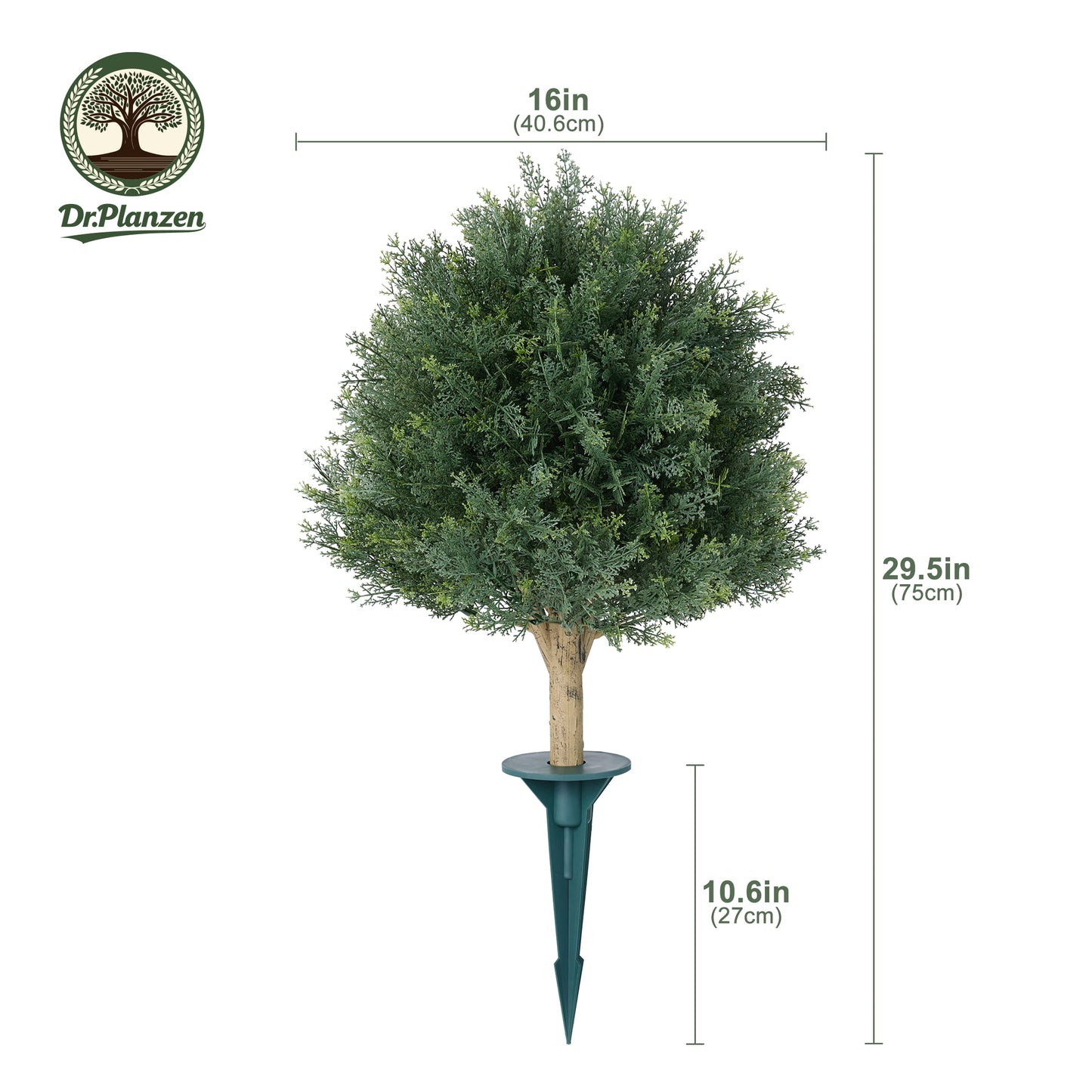 DR.Planzen Artificial 2 Pack 16 in Topiary Ball Trees, UV Resistant Faux Cedar Plants, Faux Cypress Evergreen Shrub Bush with 10.6in Twist-On Stake - For Front Porch Patio Garden Yard Outdoor Decor