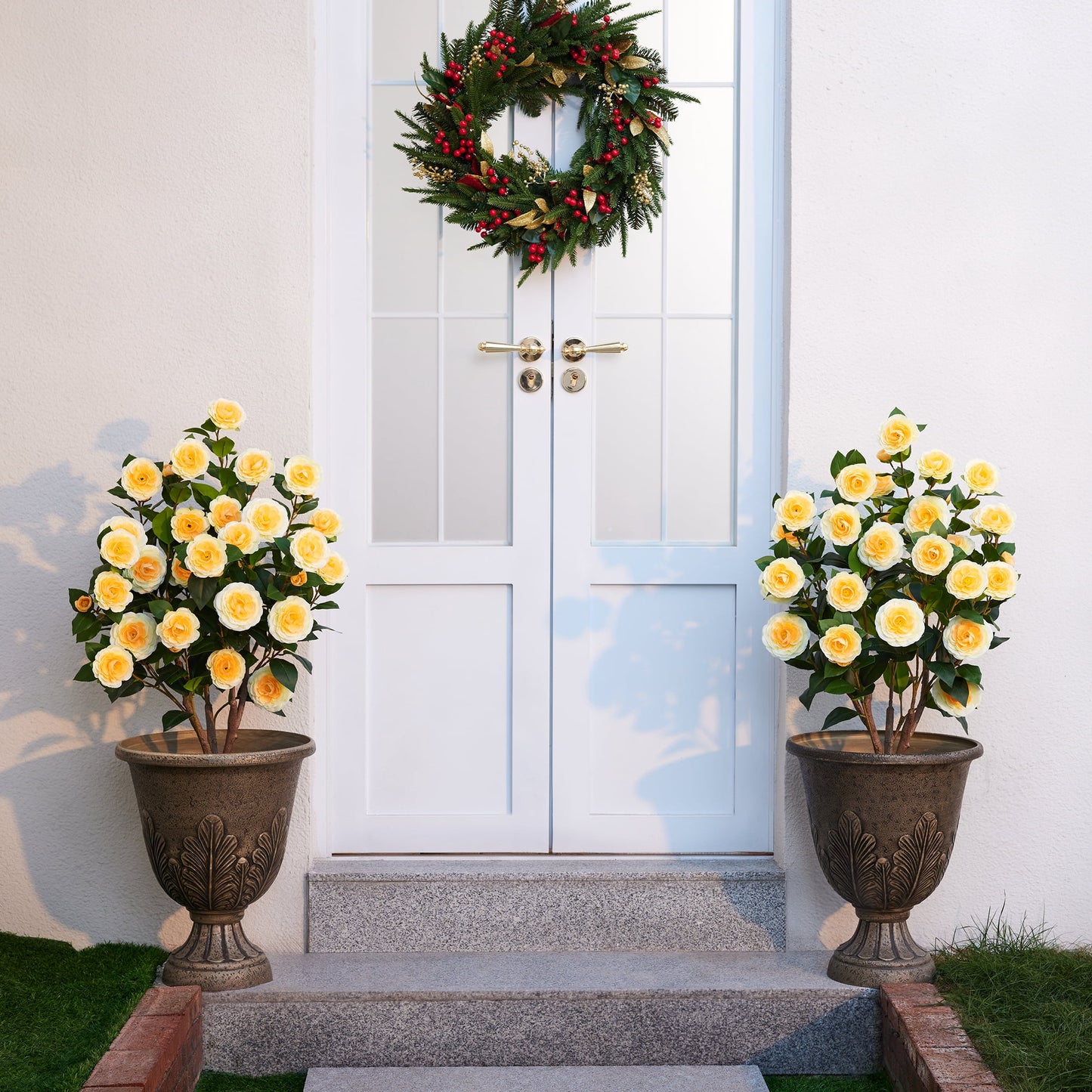 Artificial Camellia Tree 3FT in Pot ¨C 27 Blooming Yellow Flowers & 252 Leaves UV Resistant Faux Camellia Plant for Indoor Outdoor Decor, Front Door Porch Patio Living Room Office