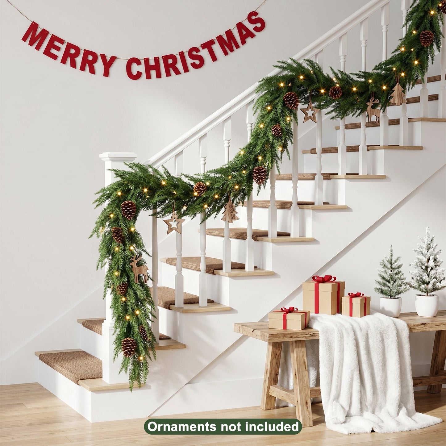 DR.Planzen 6ft Pre-Lit Artificial Norfolk Pine Foliage Spray with 50 Warm White LED Lights, 90 PE Branches & 30 Tips, Battery Operated DIY Christmas Tree Filler & Vase Decor