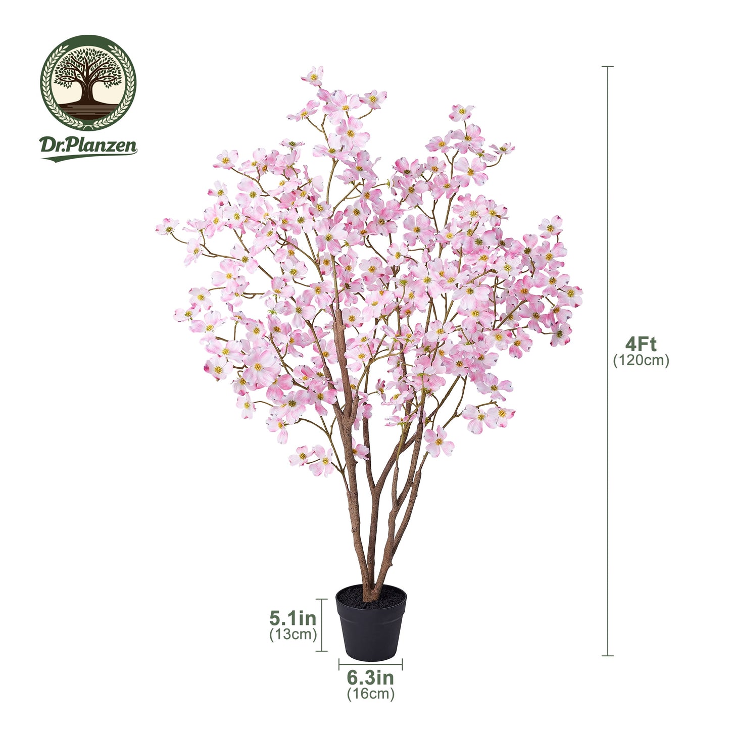 DR.Planzen 4ft Pink Artificial Dogwood Tree, Lifelike Faux Dogwood Flower Tree with Green Leaves for Home Decor Indoor Outdoor, Spring Decoration for Living Room Office
