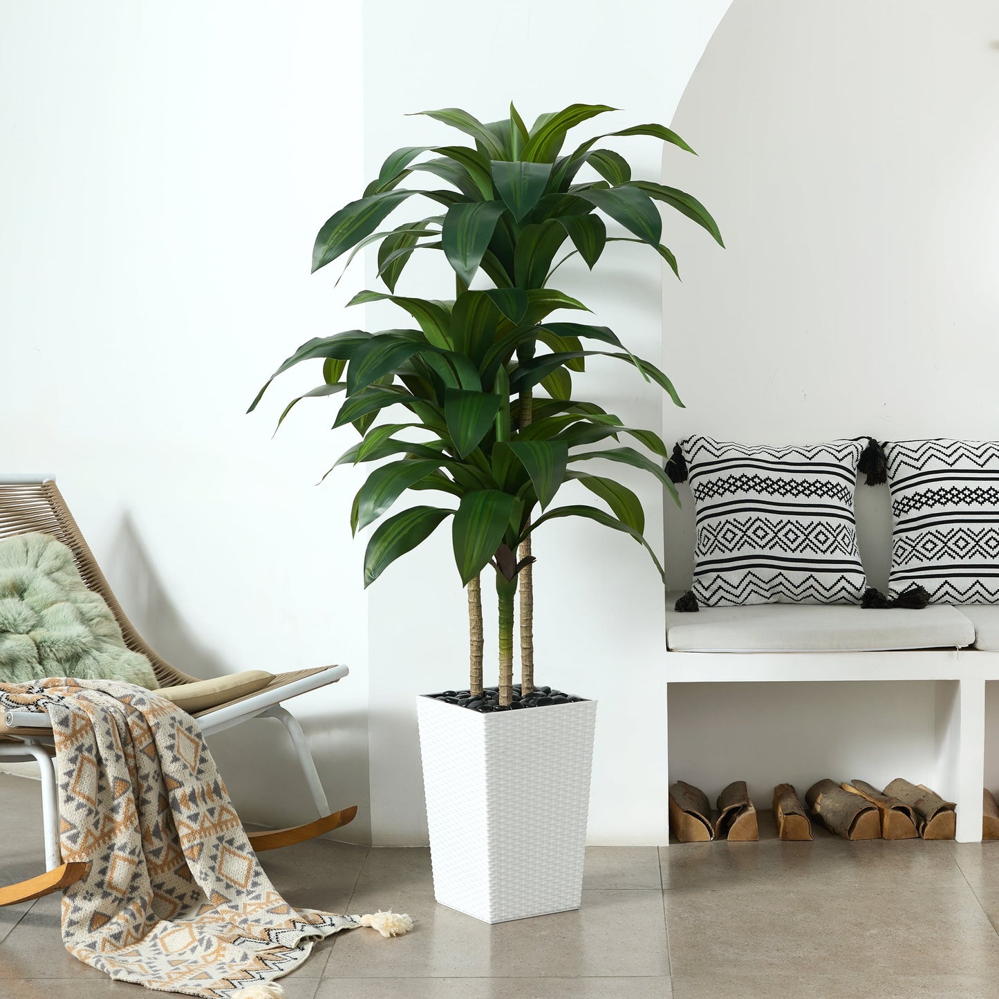 DR.Planzen Artificial Dracaena Tree 5ft - UV Protected Faux Dracaena Plant with 57 Green Leaves, Fake Tree for Indoor & Outdoor Use, Sturdy Tall Brown Planter with River Stones