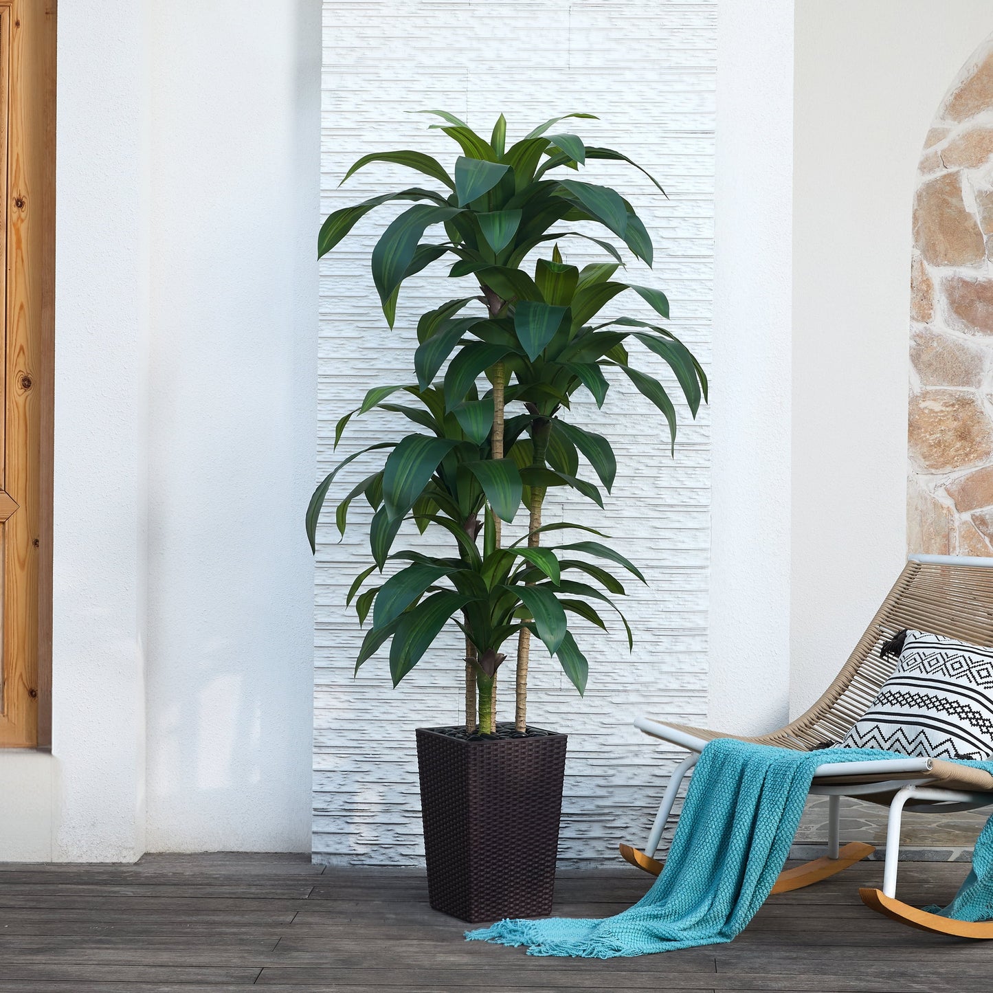DR.Planzen Artificial Dracaena Tree 6ft - UV Protected Faux Dracaena Plant with 76 Green Leaves, Fake Tree for Indoor & Outdoor Use, Sturdy Tall Black Planter with River Stones
