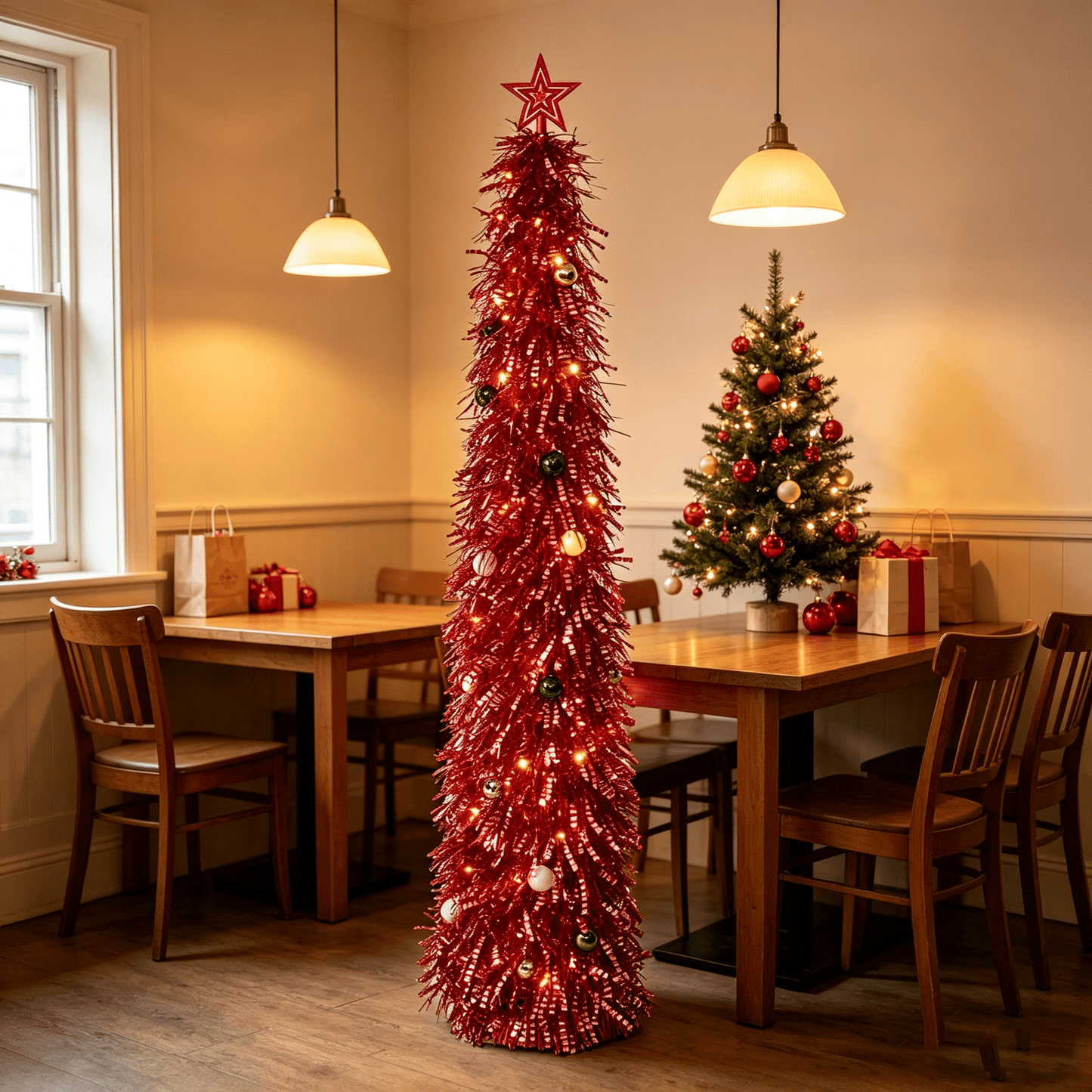 DR.Planzen 6ft Pop Up Christmas Tinsel Tree, Pre Lit Slim Christmas Tree, Red Silver LED Pencil Tree with 100 Warm White Lights, Star Topper & Ornaments Set, Collapsible Holiday Decor