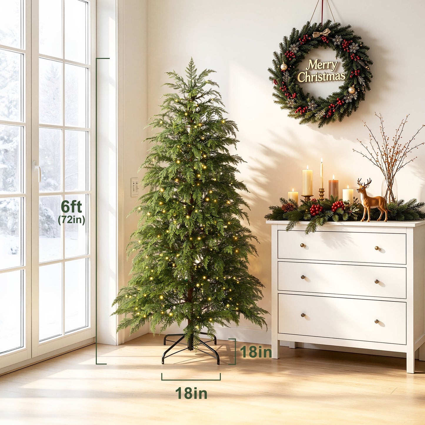 DR.Planzen 6' Pre-Lit Green Cypress Artificial Christmas Tree with 350 Warm White Twinkle LED Lights, Full-Bodied Xmas Tree with Metal Stand, Indoor Holiday Decoration