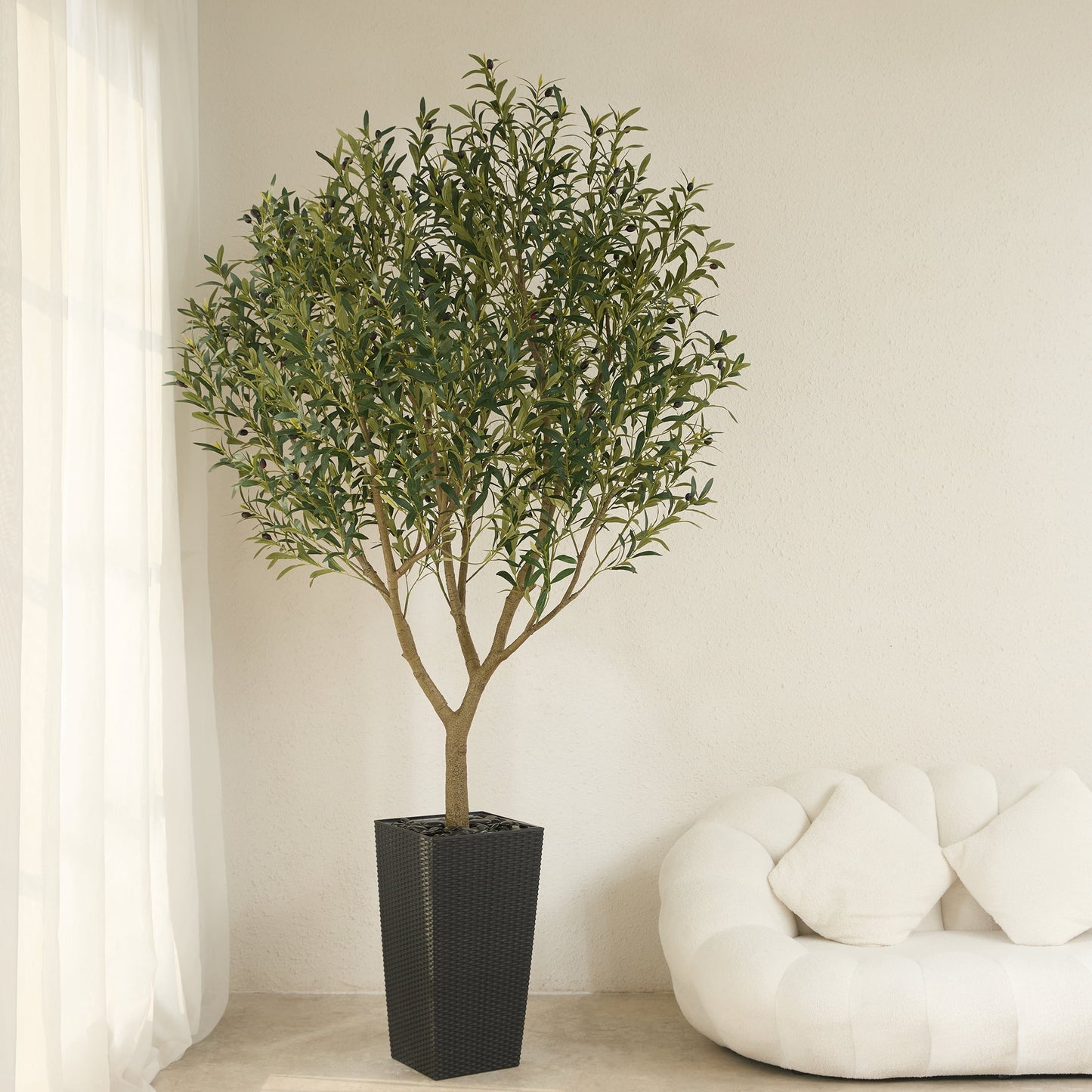 DR.Planzen UV Resistant 8ft Artificial Olive Tree in Black Large Planter with Pebbles¨C Faux Olive Tree for Indoor and Outdoor Decor, Lifelike Greenery for Home & Garden Decor