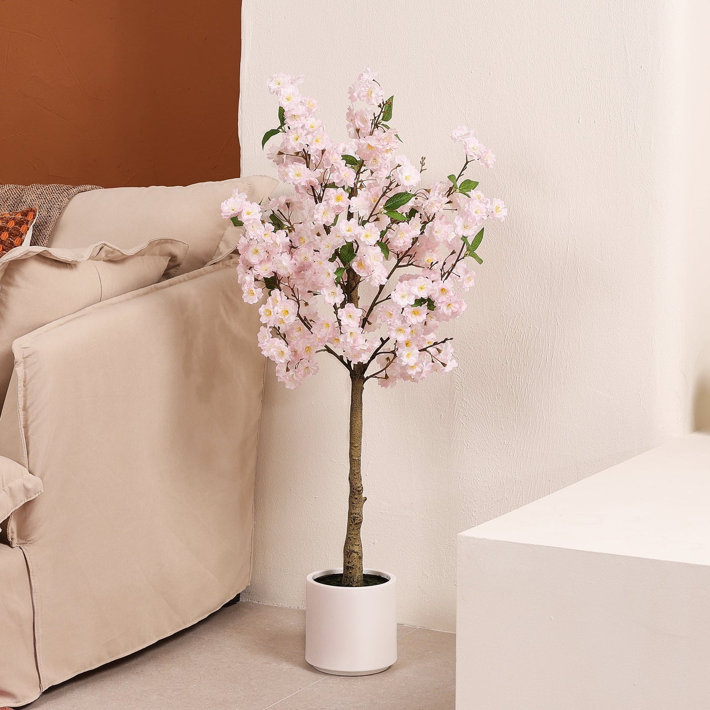 DR.Planzen 4.5ft Artificial Cherry Blossom Tree with White Planter, Tall Faux Flower Tree, Artificial Plants for Home Office Decor