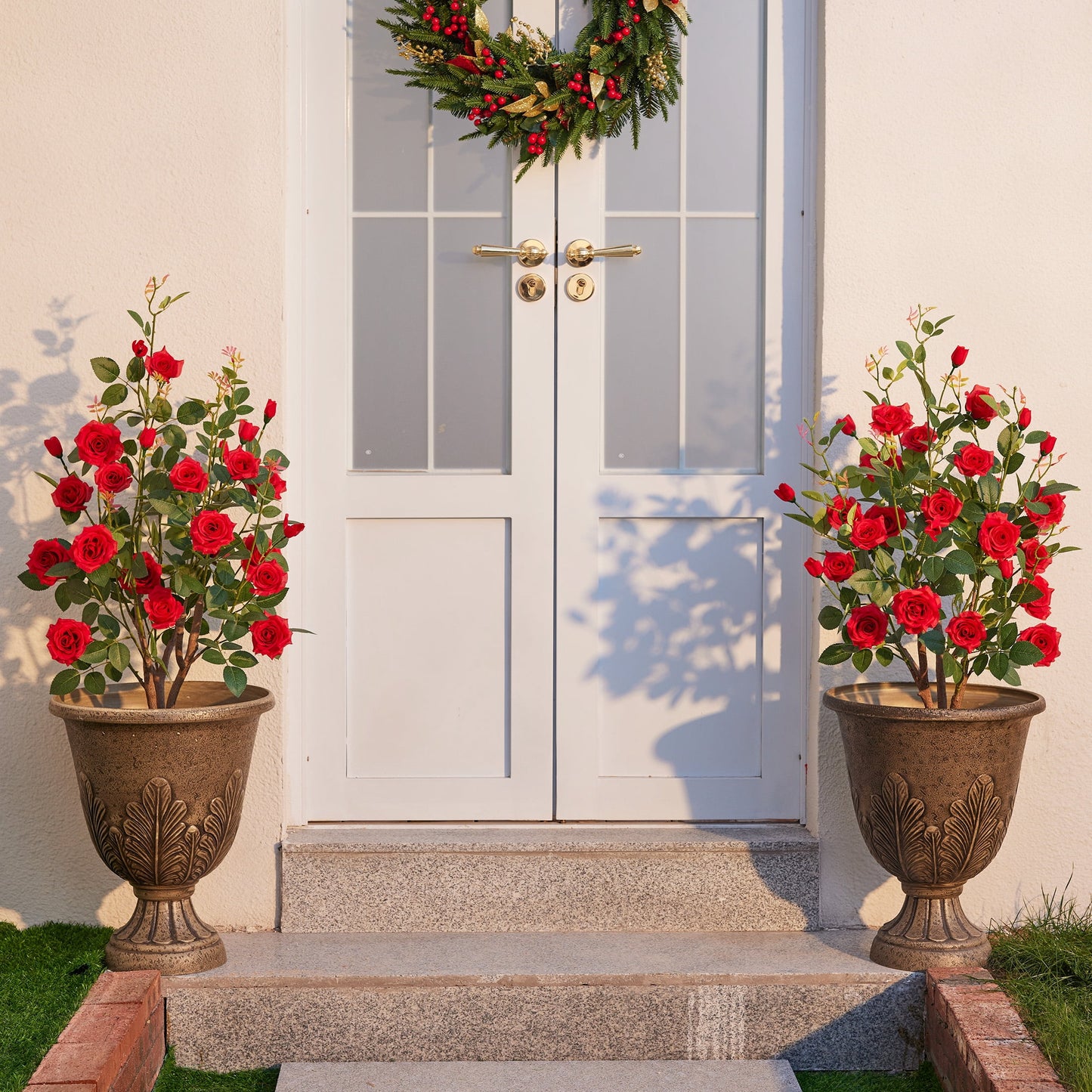 DR.Planzen 2 Pack 3ft Artificial Red Rose Tree with Green Leaves, Lifelike Faux Rose Flower Tree for Home Decor Indoor Outdoor, Living Room Office Decoration