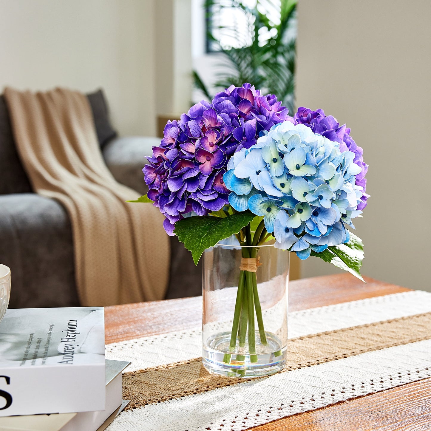 DR.Planzen 13in Artificial Hydrangea Flowers with Vase - Purple and Blue Faux Hydrangea Flowers, Clear Glass Vase with Faux Water, Table Centerpiece for Home Decor, Office, Wedding Party