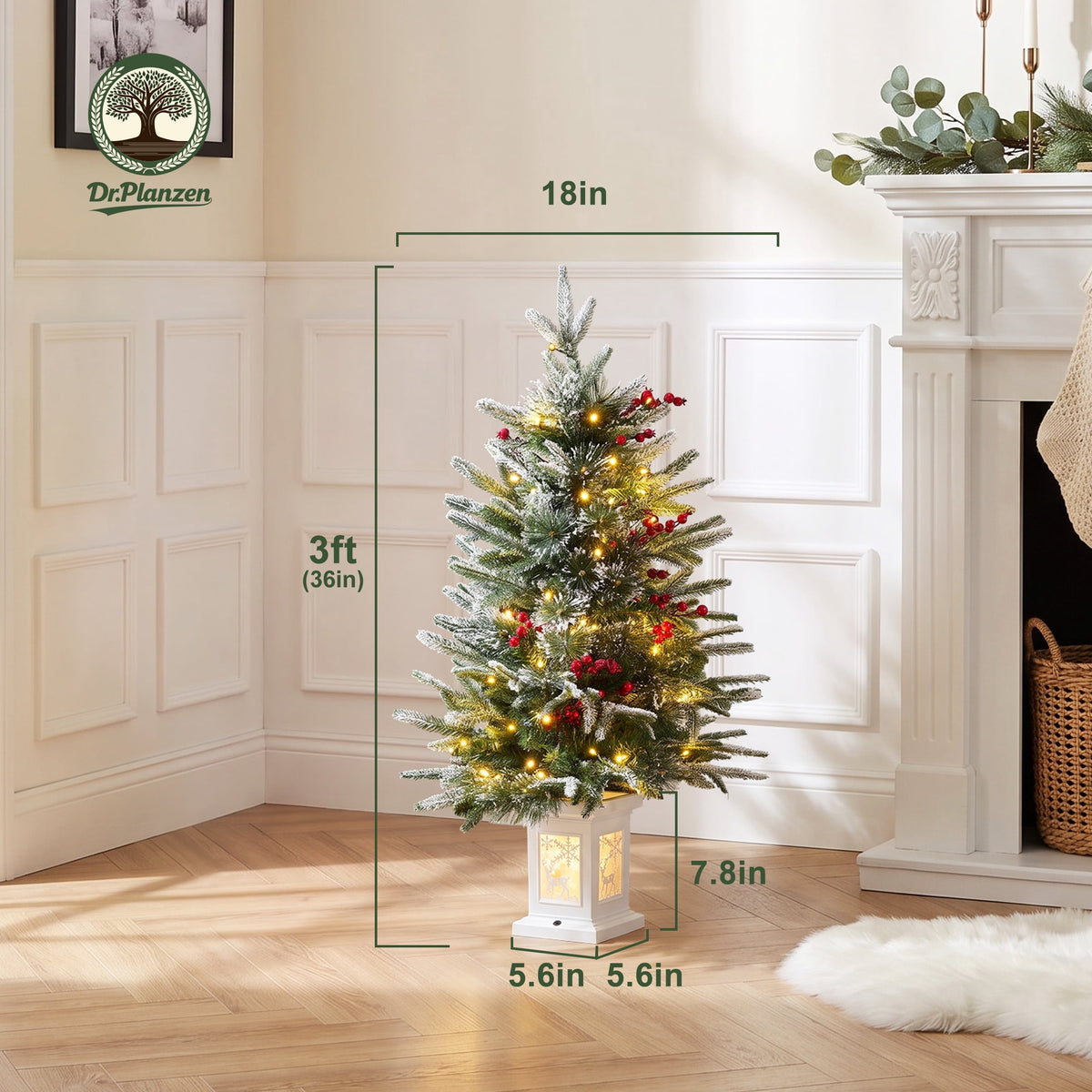 DR.Planzen 3 FT Pre-Lit Flocked Christmas Tree, 78 Warm White LEDs, 8 Light Modes & Timer, Artificial Tree with Lighted White Pedestal Base