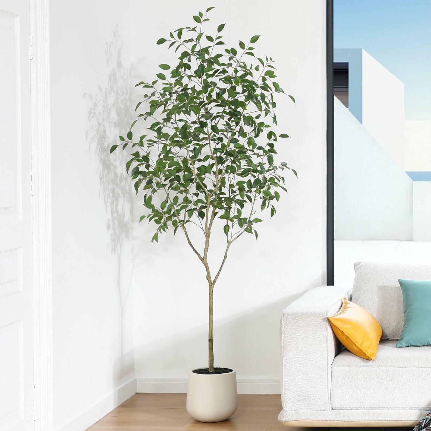 DR.Planzen 7ft Fake Ficus Tree with Oval White Planter, Pre Potted Faux Greenry Plant for Home Decor Office House Living Room Indoor Outdoor, Big Fake Plants Fake House Plants