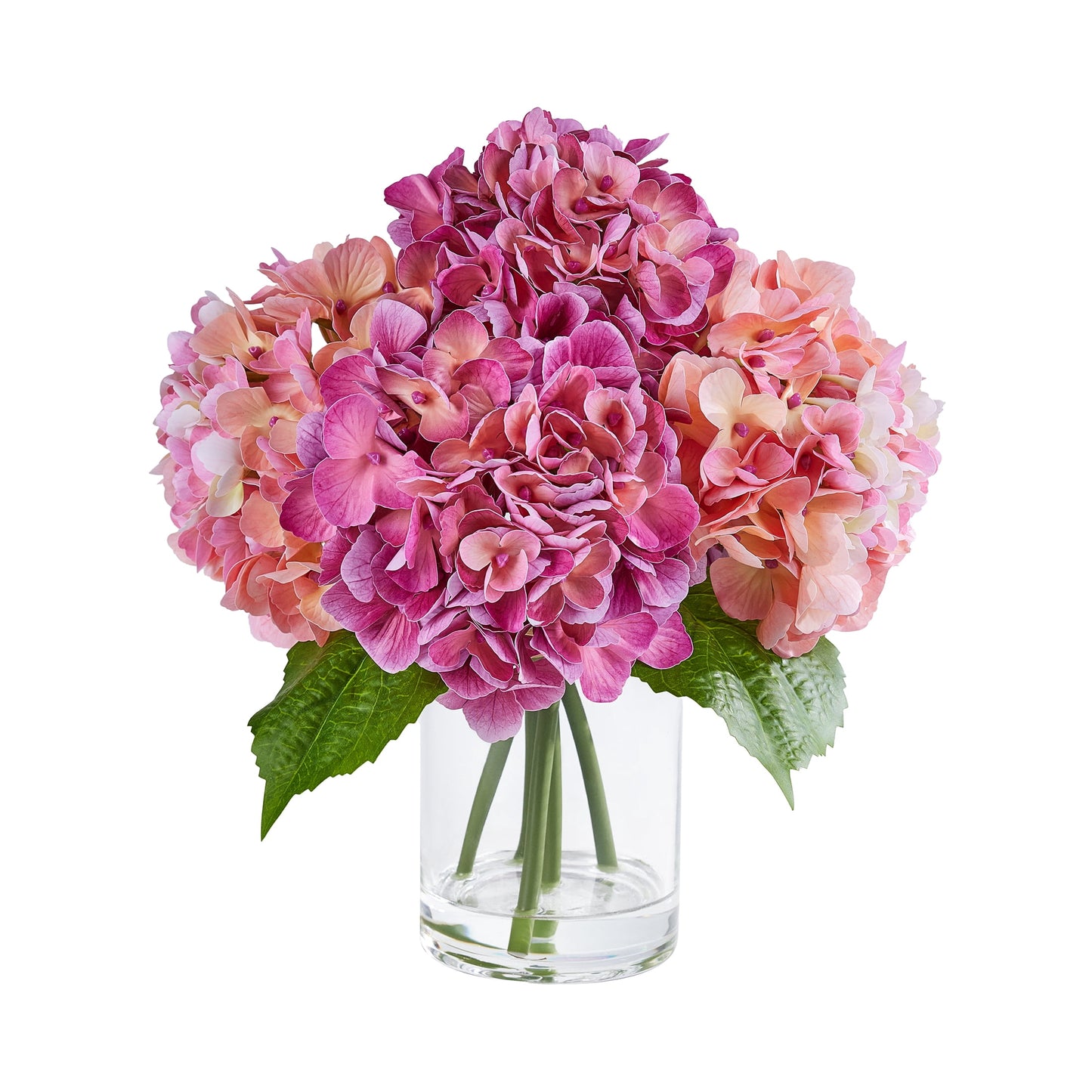 DR.Planzen 13in Artificial Hydrangea Flowers with Vase - Red and Pink Faux Hydrangea Flowers, Clear Glass Vase with Faux Water, Table Centerpiece for Home Decor, Office, Wedding Party