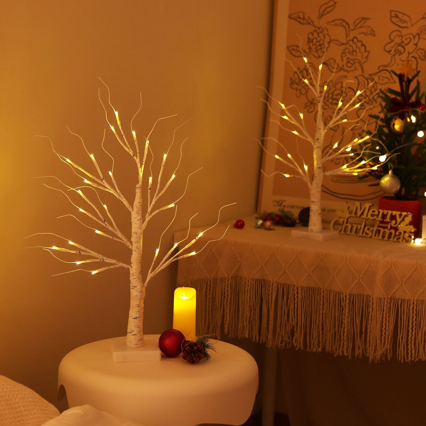 2Pack Christmas Tree Decorations - Birch Fairy Light Spirit Trees with 24 LED Warm White Lights, USB/Battery Powered Indoor Holiday Decor, 2 FT