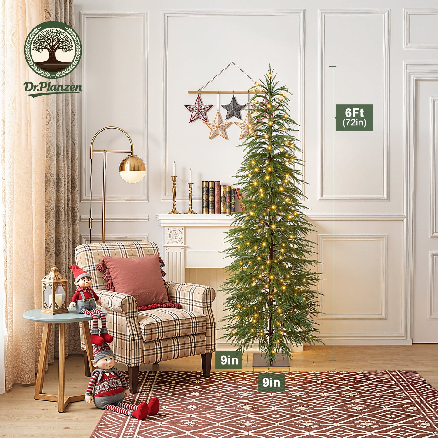 DR.Planzen 6' Pre-Lit Green Cypress Artificial Christmas Tree with 220 Warm White LED Lights, Full-Bodied Xmas Tree with Metal Stand, Indoor Holiday Centerpiece