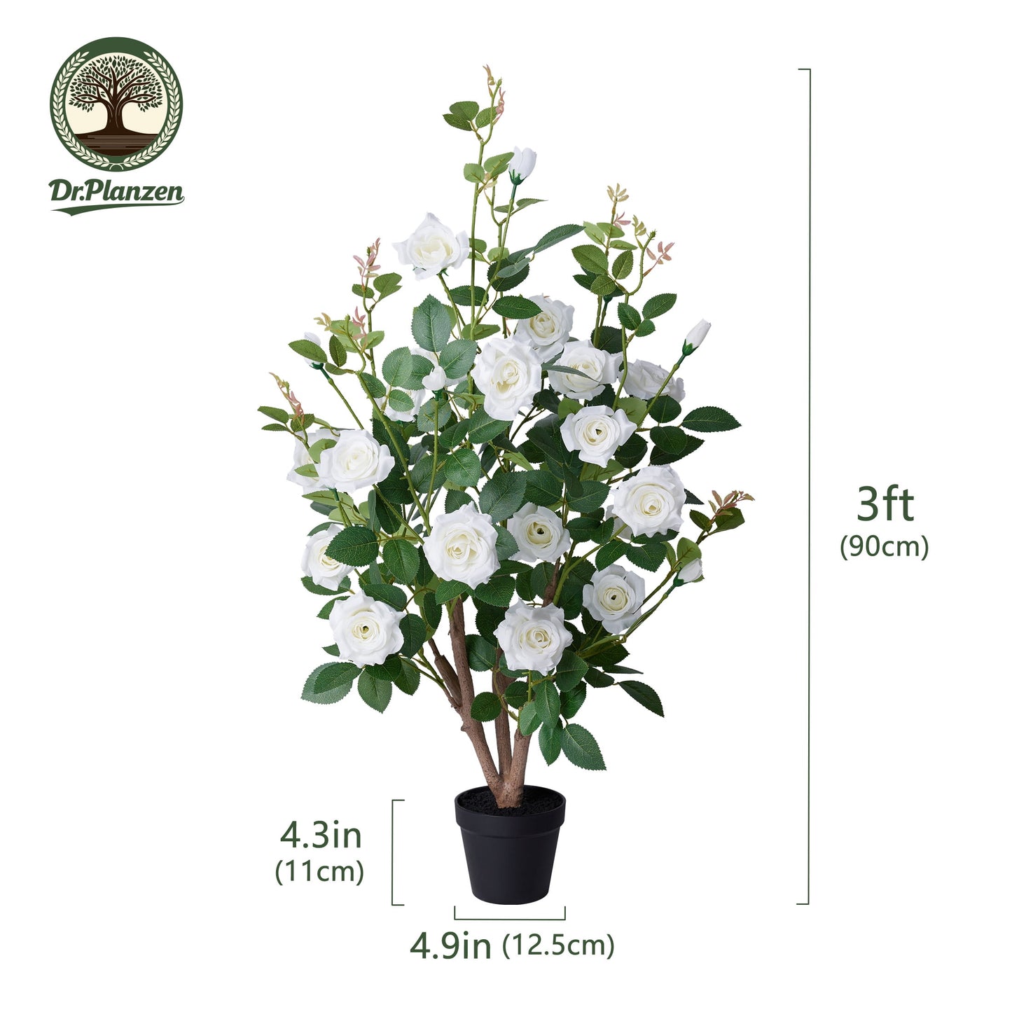DR.Planzen 3ft Artificial White Rose Tree with Green Leaves, Lifelike Faux Rose Flower Tree for Home Decor Indoor Outdoor, Living Room Office Decoration