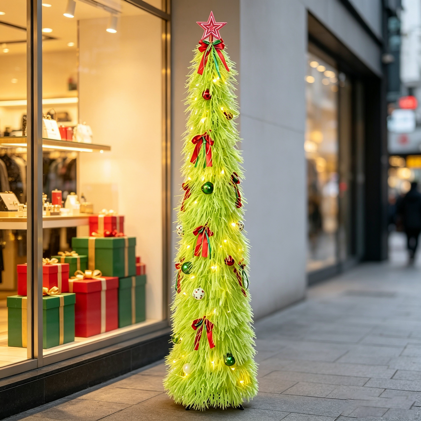 DR.Planzen 6ft Pop Up Christmas Tinsel Tree, Pre Lit Slim Christmas Tree, Green LED Pencil Tree with 100 Warm White Lights, Star Topper & Ornaments Set, Collapsible Holiday Decor