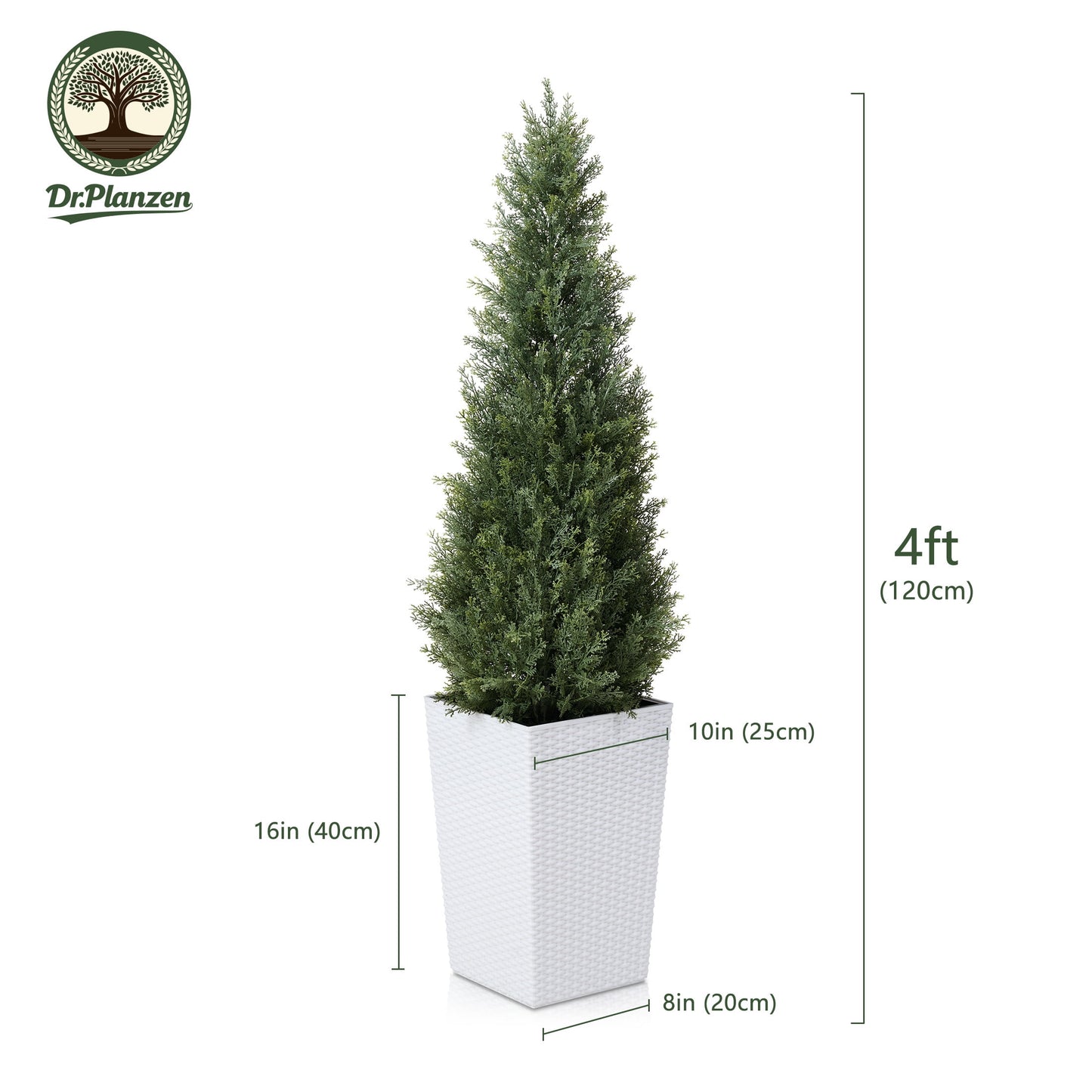 DR.Planzen 4ft Artificial Cedar Topiary Tree with White Planter - UV Resistant Faux Cypress Tree for Porch Decor Fake Pine Tree for Perfect Housewarming Gift
