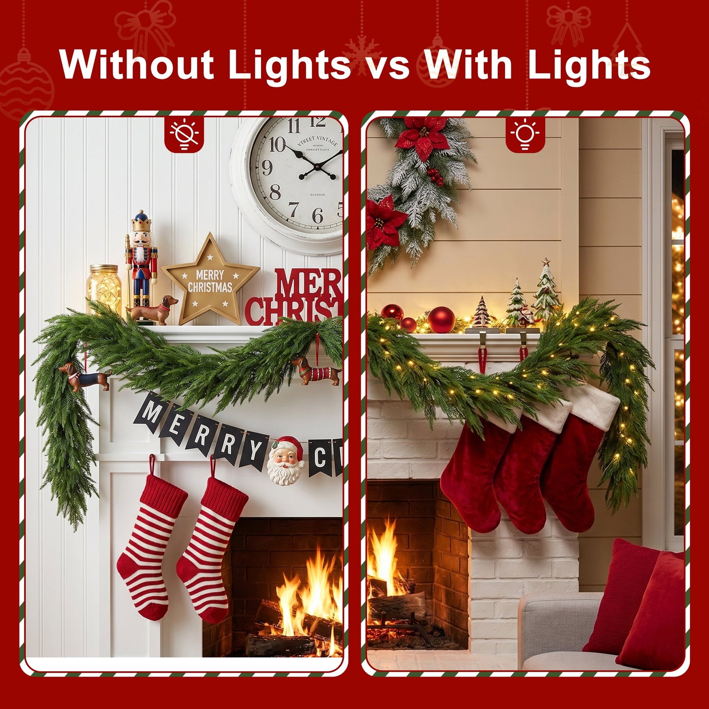 DR.Planzen 2Pack 6ft Pre-Lit Artificial Norfolk Pine Foliage Spray with 50 Warm White LED Lights, 90 PE Branches & 30 Tips, Battery Operated DIY Christmas Tree Filler & Vase Decor