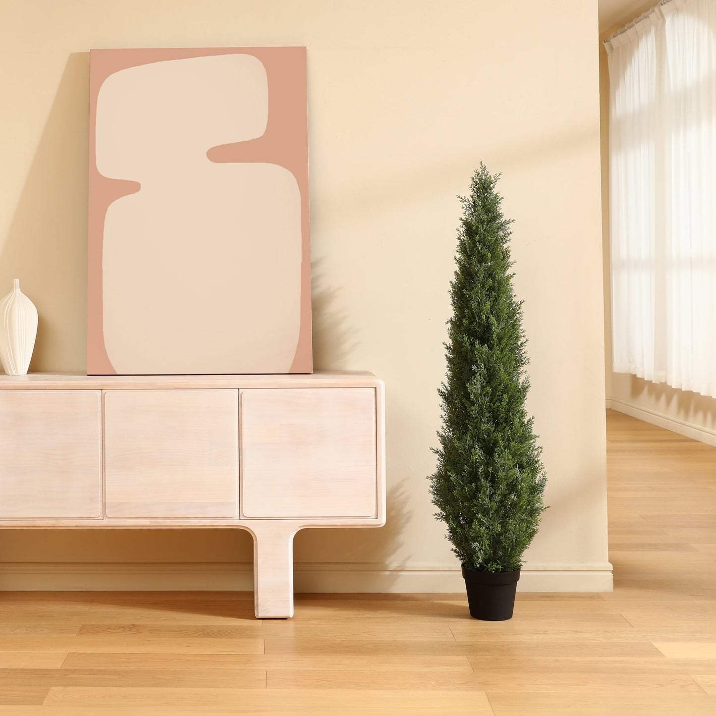 DR.Planzen 5 FT Artificial Cedar Tree with 1609 PE Leaves, Indoor Faux Topiary Cedar Tree, Potted Fake Tree - Adjustable Branches - Slim Decor for Entryway & Covered Porch