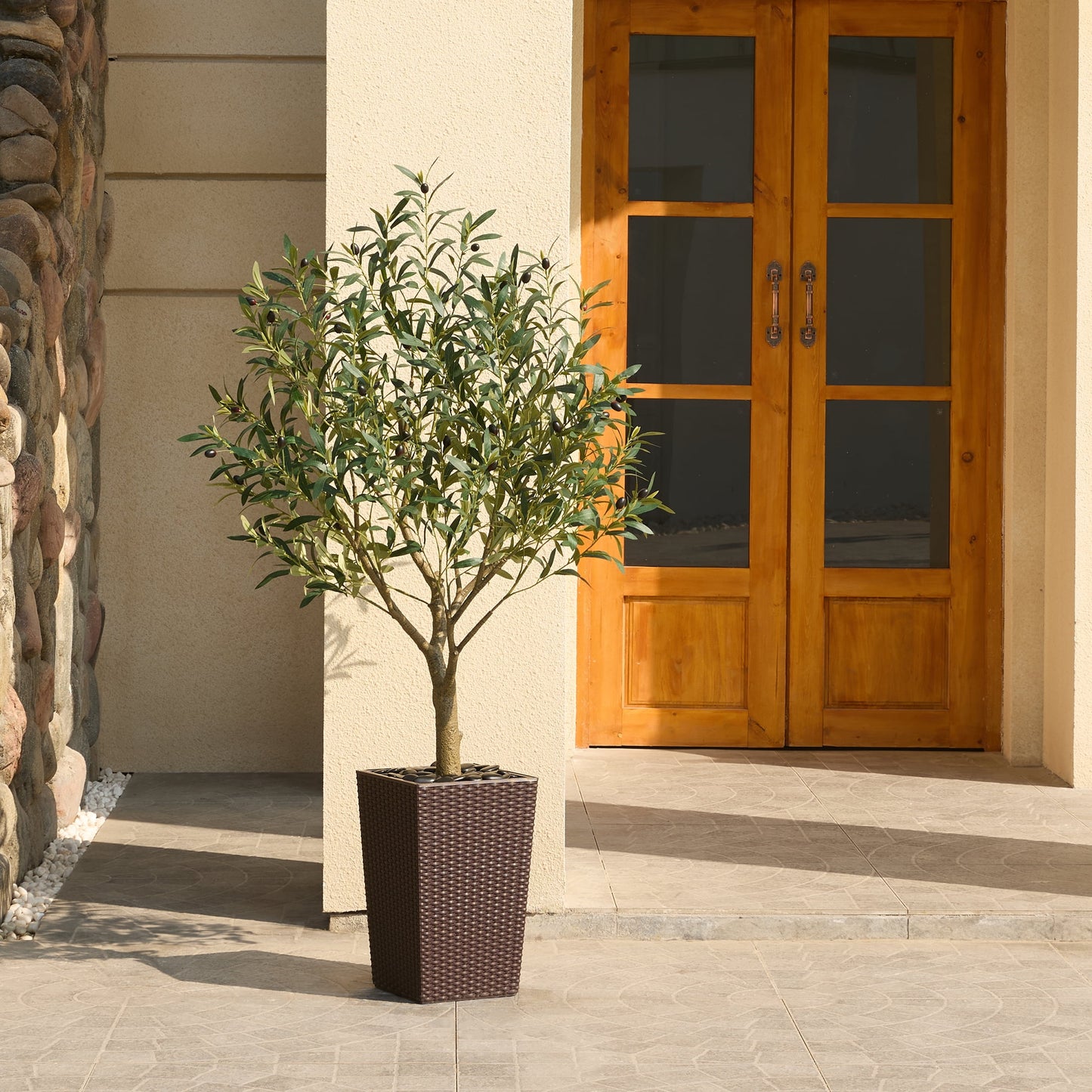 DR.Planzen UV Resistant 5ft Artificial Olive Tree in Brown Large Planter with Pebbles¨C Faux Olive Tree for Indoor and Outdoor Decor, Lifelike Greenery for Home & Garden Decor
