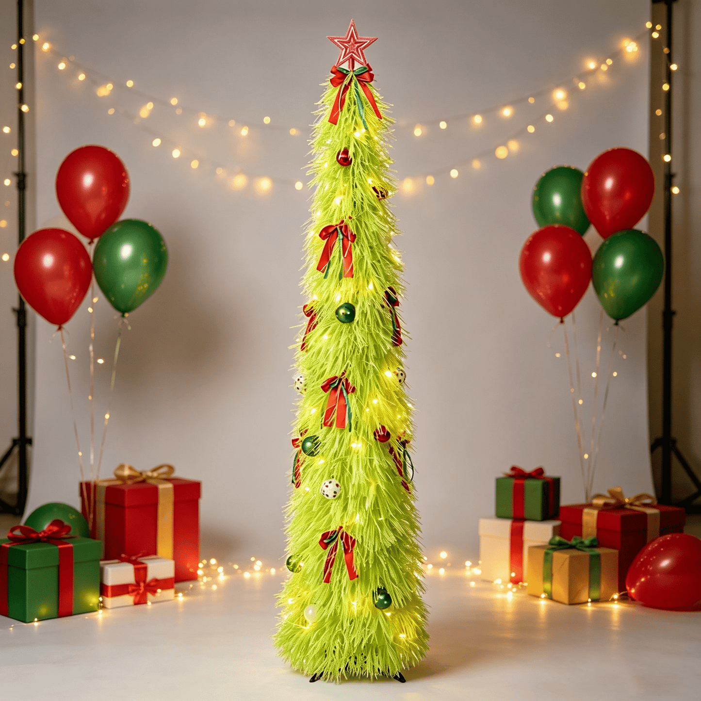 DR.Planzen 5ft Pop Up Christmas Tinsel Tree, Pre Lit Slim Christmas Tree, Green LED Pencil Tree with 50 Warm White Lights, Star Topper & Ornaments Set, Collapsible Holiday Decor