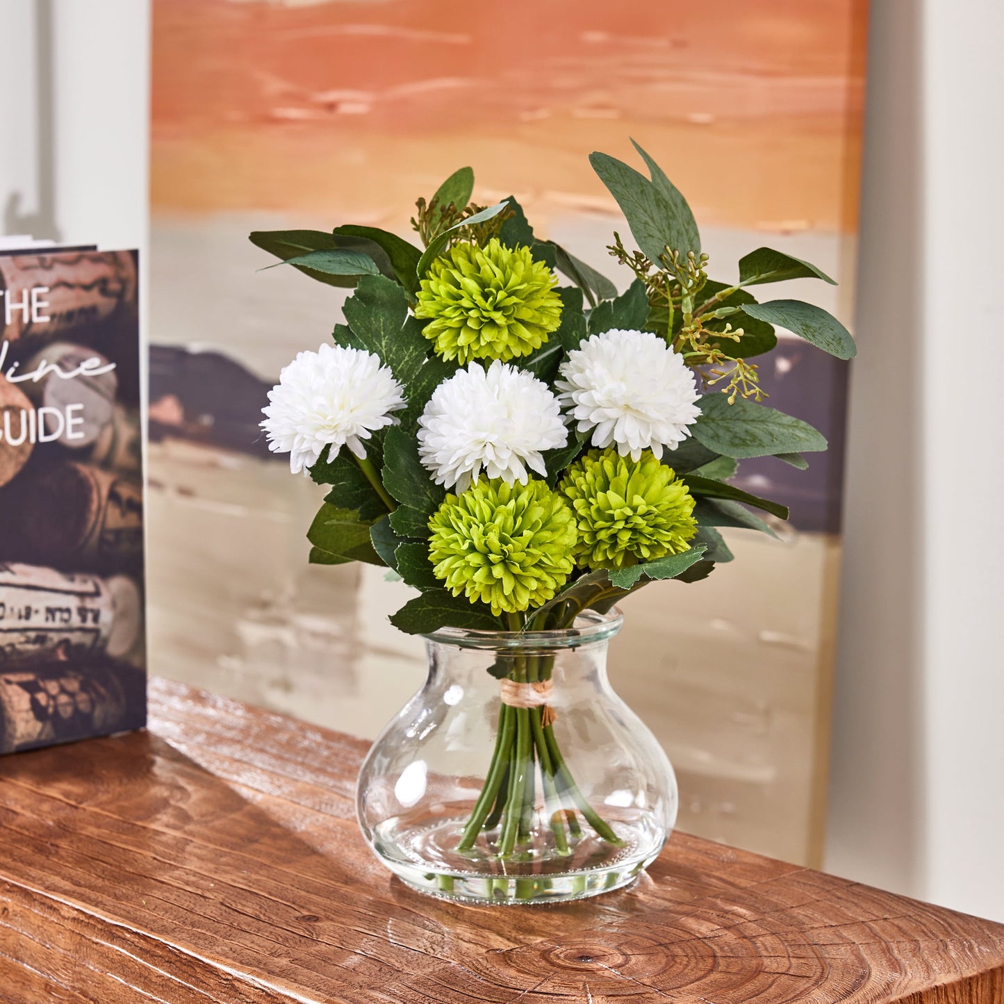 DR.Planzen Artificial Chrysanthemum & Eucalyptus Arrangement, White & Green Fake Flowers in Apothecary Glass Vase with Faux Water, 12.9" Home Office Decor