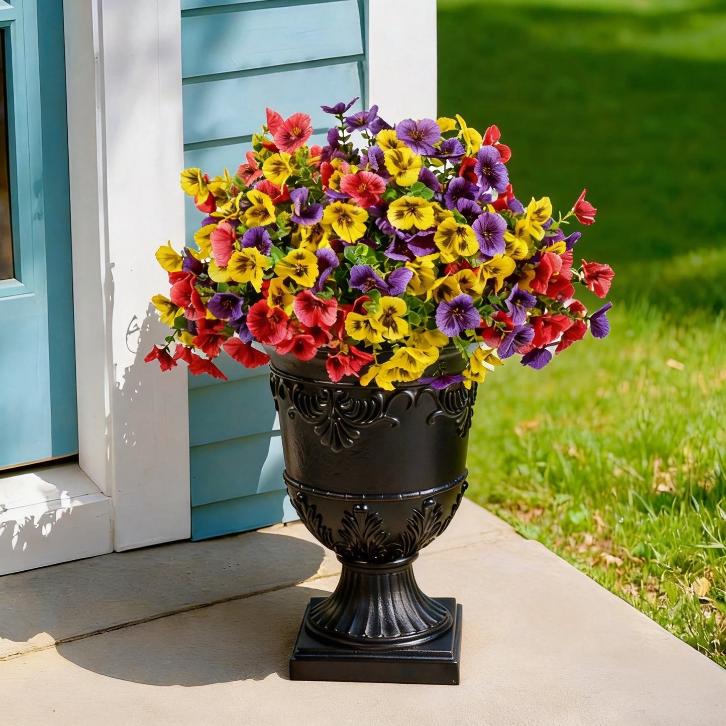 DR.Planzen Artificial Pansy in Charming Urn Planter Set, 24.8 Inch Tall Lifelike Faux Flowers, Pre-Potted with Tray for Indoor Home and Patio Decor, 1 Piece